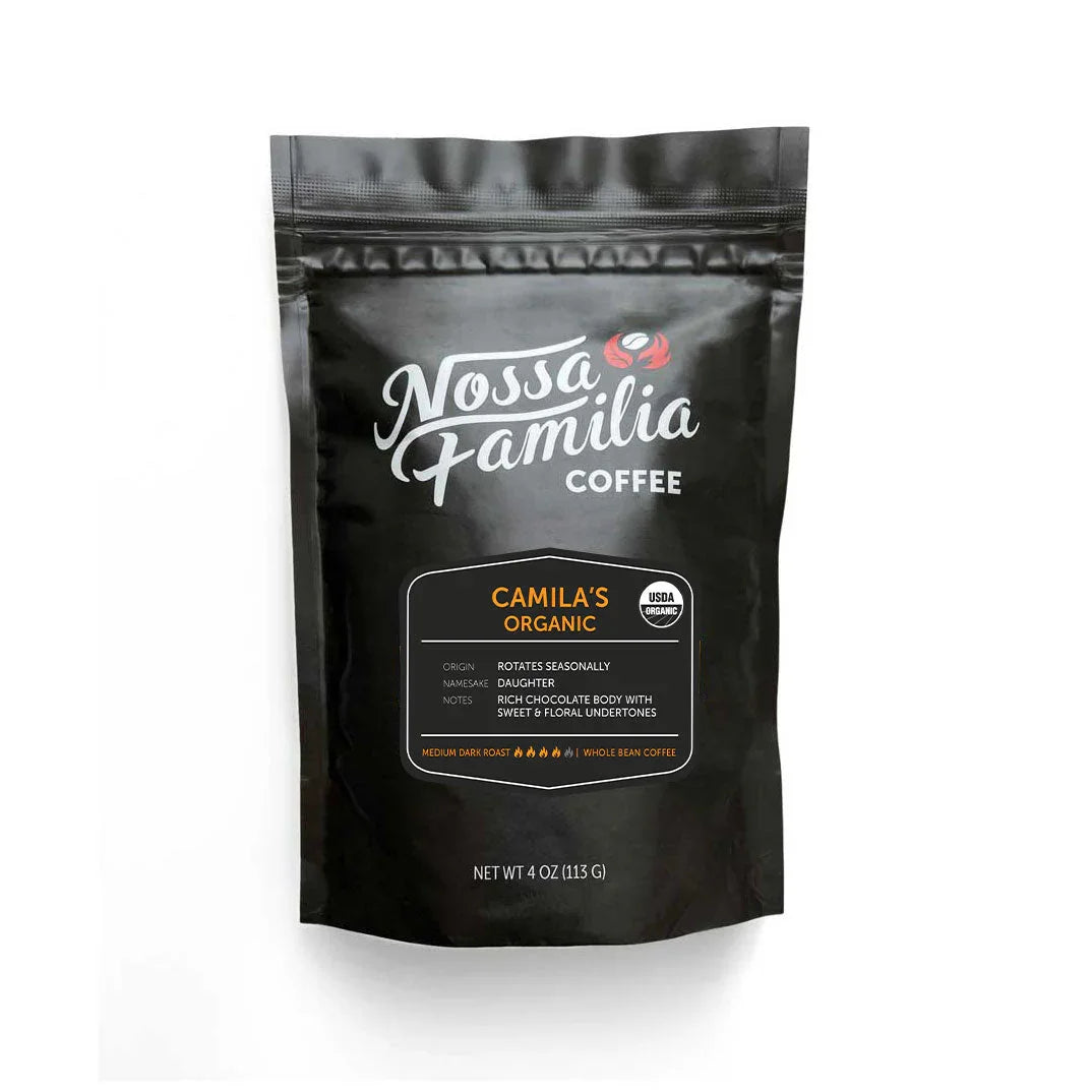 Nossa Familia Camila's Organic medium-dark roast whole bean coffee bag with chocolate and floral notes, 4 oz.