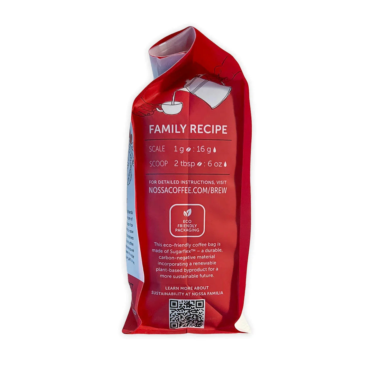 Augusta's Organic Breakfast coffee bag: 'FAMILY RECIPE' brewing ratios & eco-friendly Sugarflex packaging.