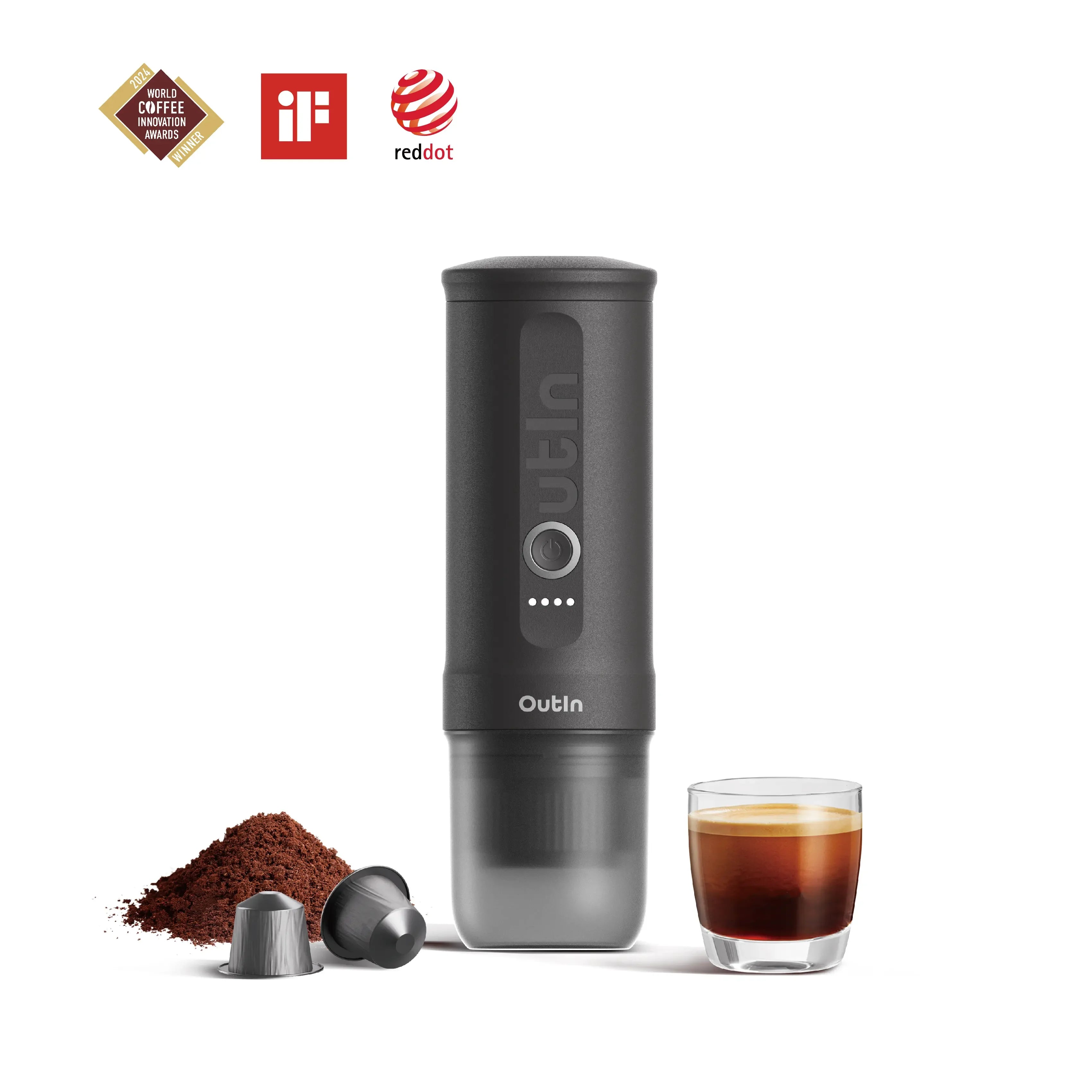 Space grey Nano portable espresso machine with OutIn logo, award logos, coffee grounds, capsules, and rich crema espresso shot.