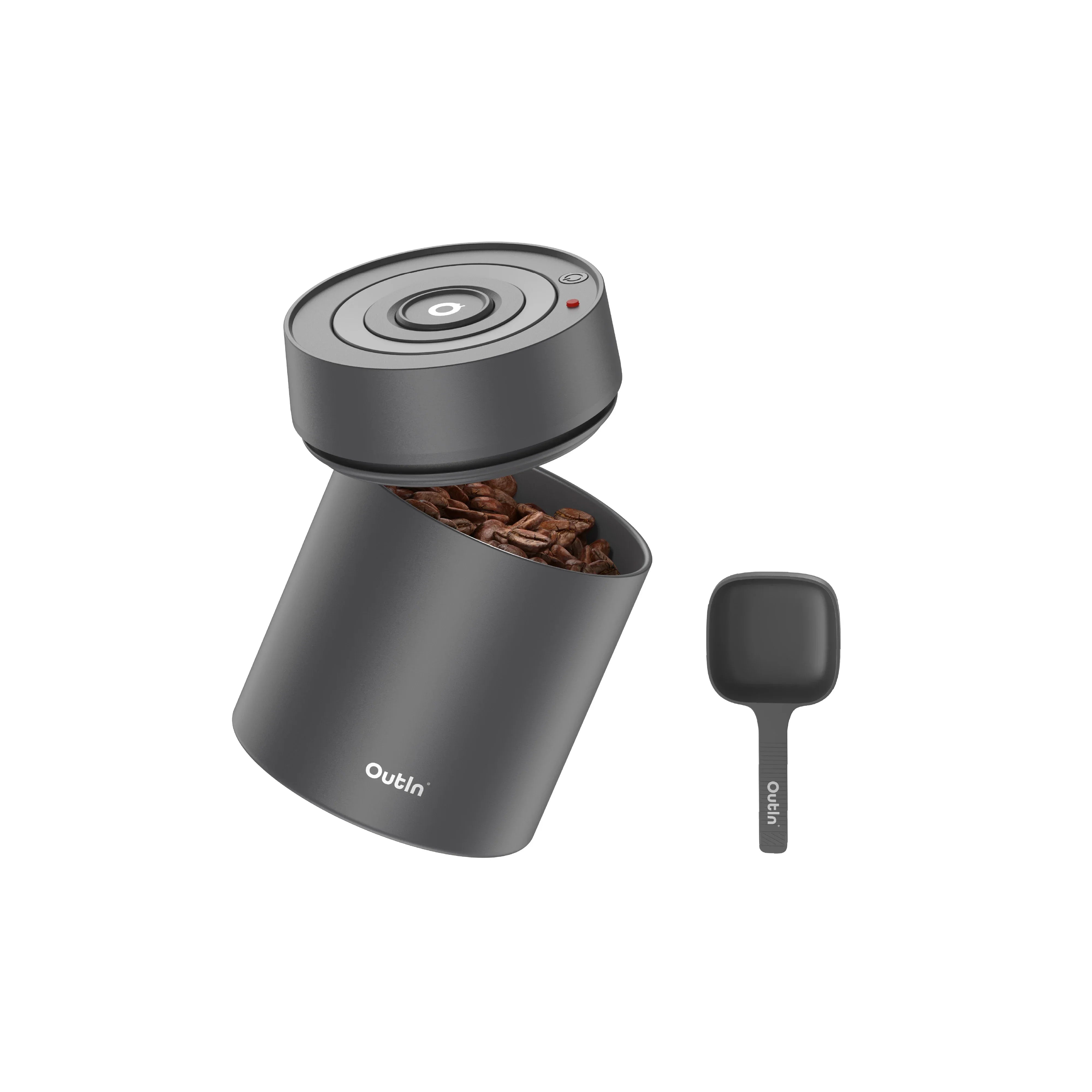 Outlin matte gray portable electric vacuum coffee canister open with coffee beans inside, and a matching scoop.