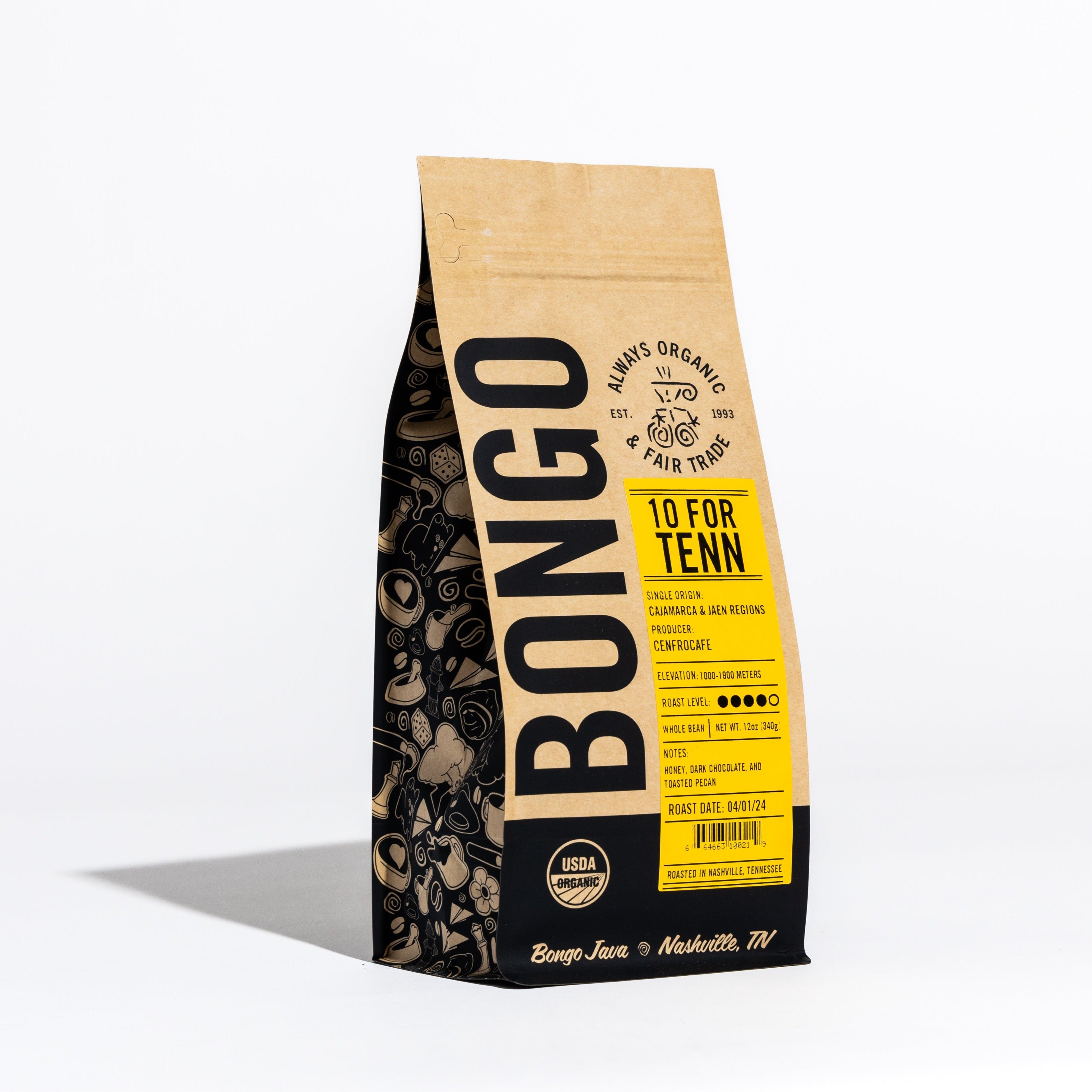 10 FOR TENN dark organic coffee bag by Bongo Java, notes of honey, dark chocolate, toasted pecan.