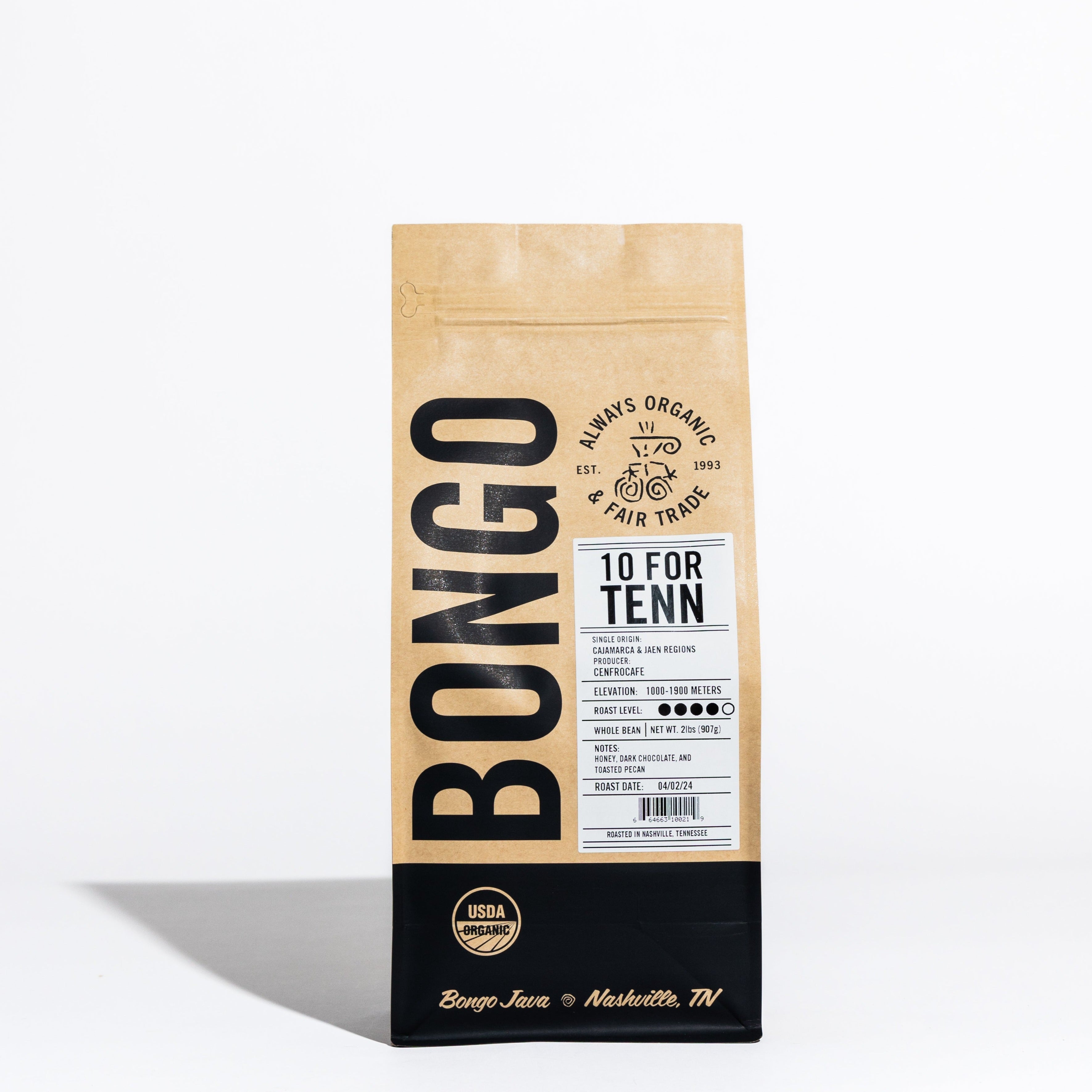 Bongo Java 10 FOR TENN dark roast organic fair trade whole bean coffee bag, 2lbs, with honey, dark chocolate, pecan notes.