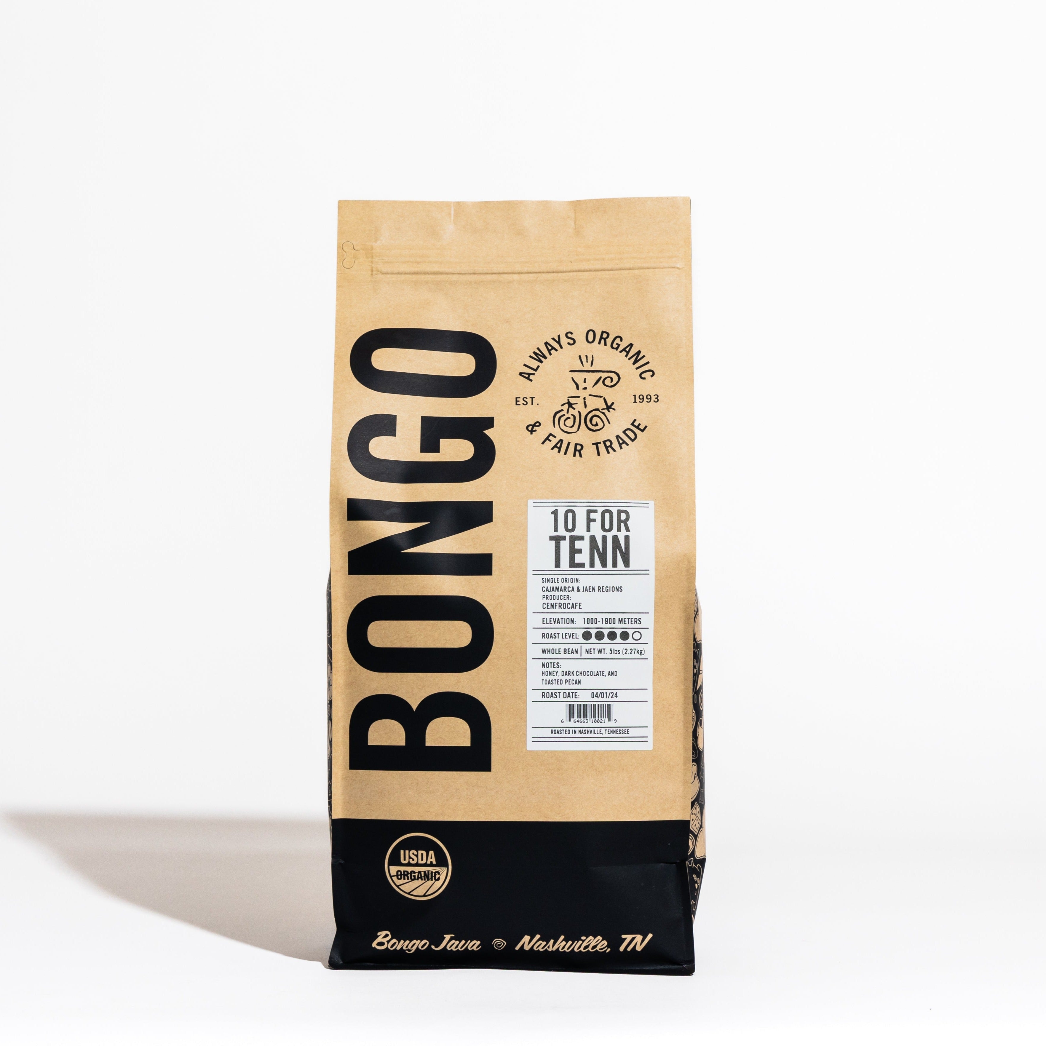 Bongo Java 10 FOR TENN dark roast organic coffee bag with honey, dark chocolate, and toasted pecan notes.
