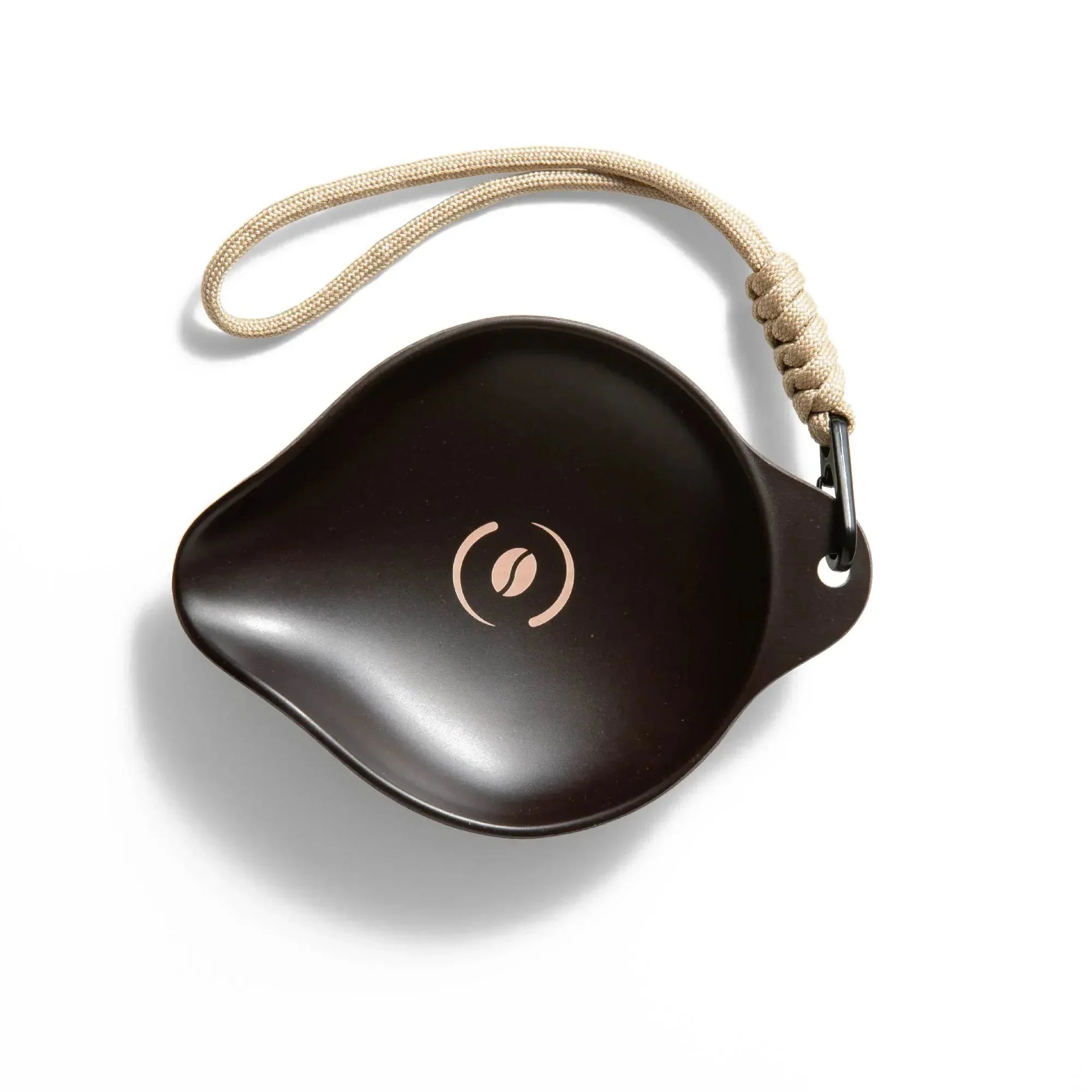 OutIn Rebrew Bean Tray, dark brown melamine with coffee bean logo and braided lanyard for easy portability.