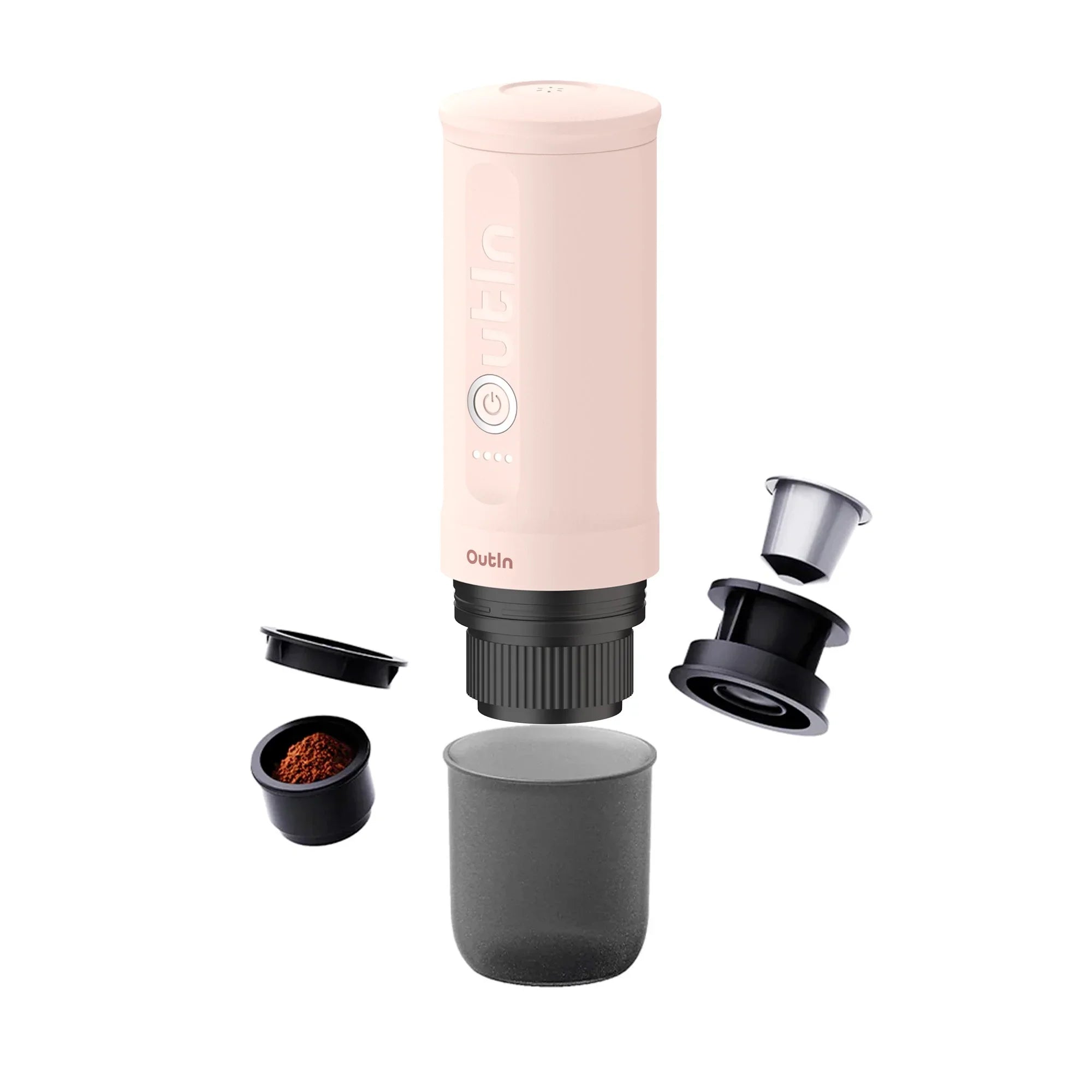 Rose Quartz portable espresso machine disassembled showing coffee grounds basket and reusable capsule for 2-in-1 brewing.