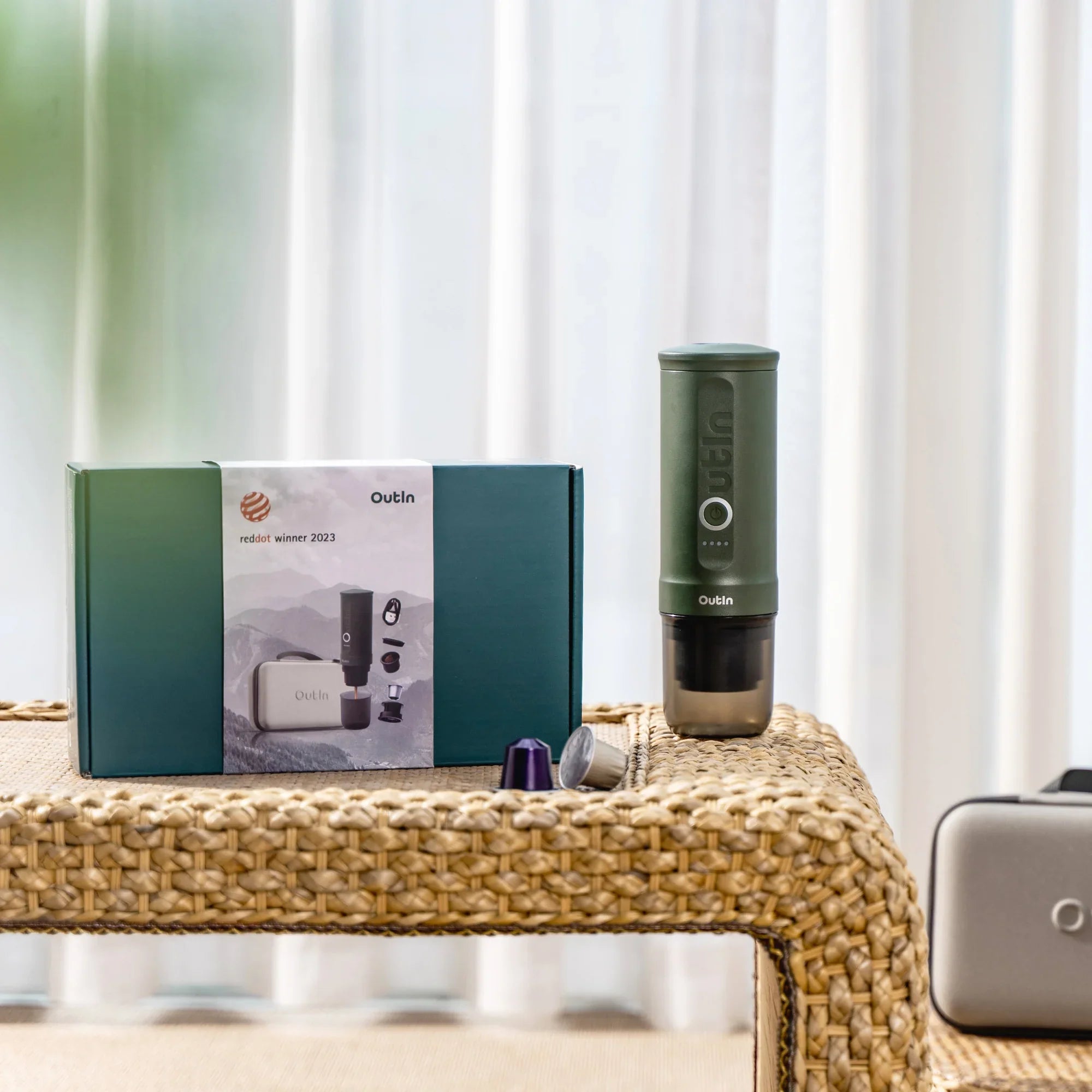 Forest green OutIn Nano Traveler Espresso Gift Set with award-winning packaging, portable maker, and case.