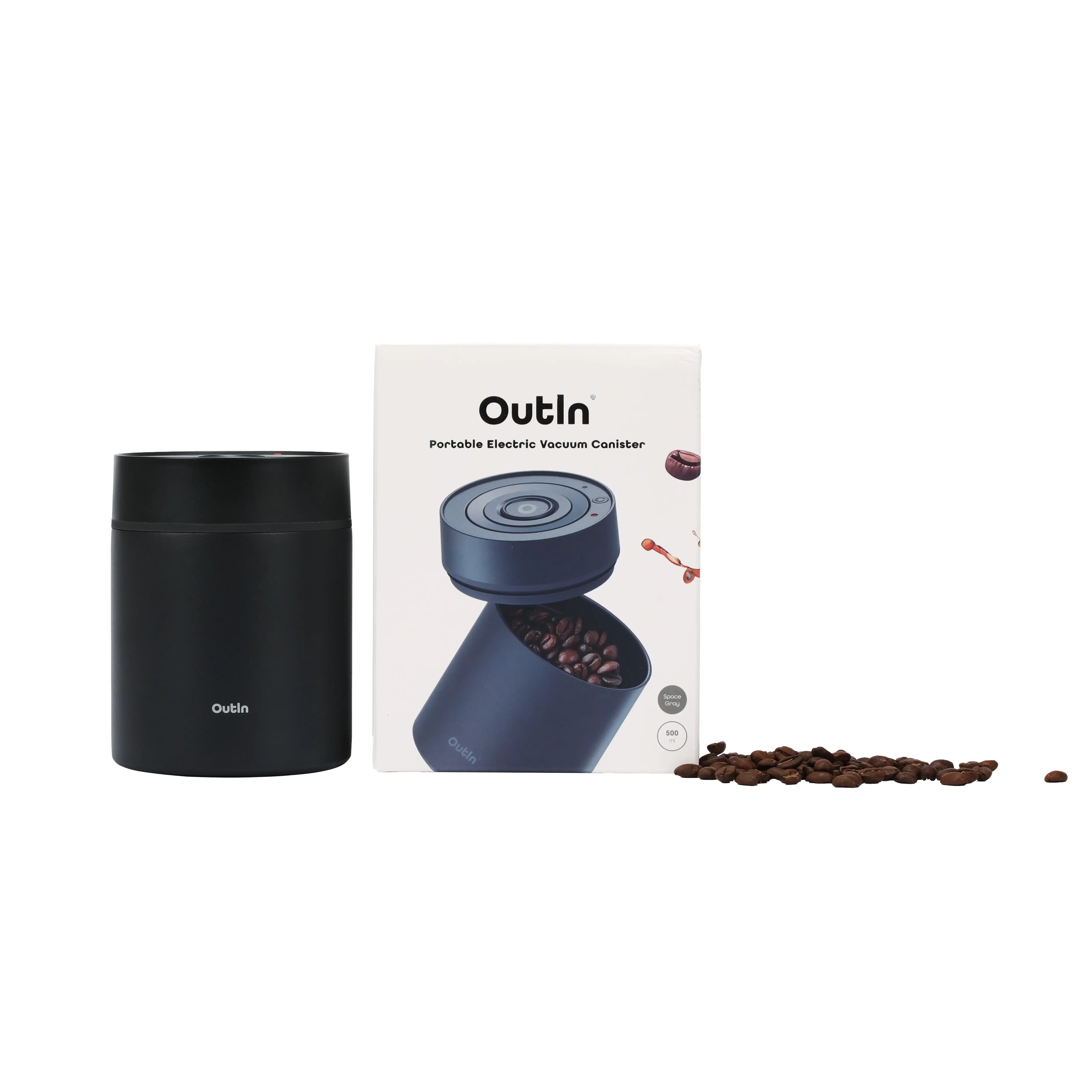 OutIn black portable electric vacuum coffee canister and packaging with scattered coffee beans on white background.