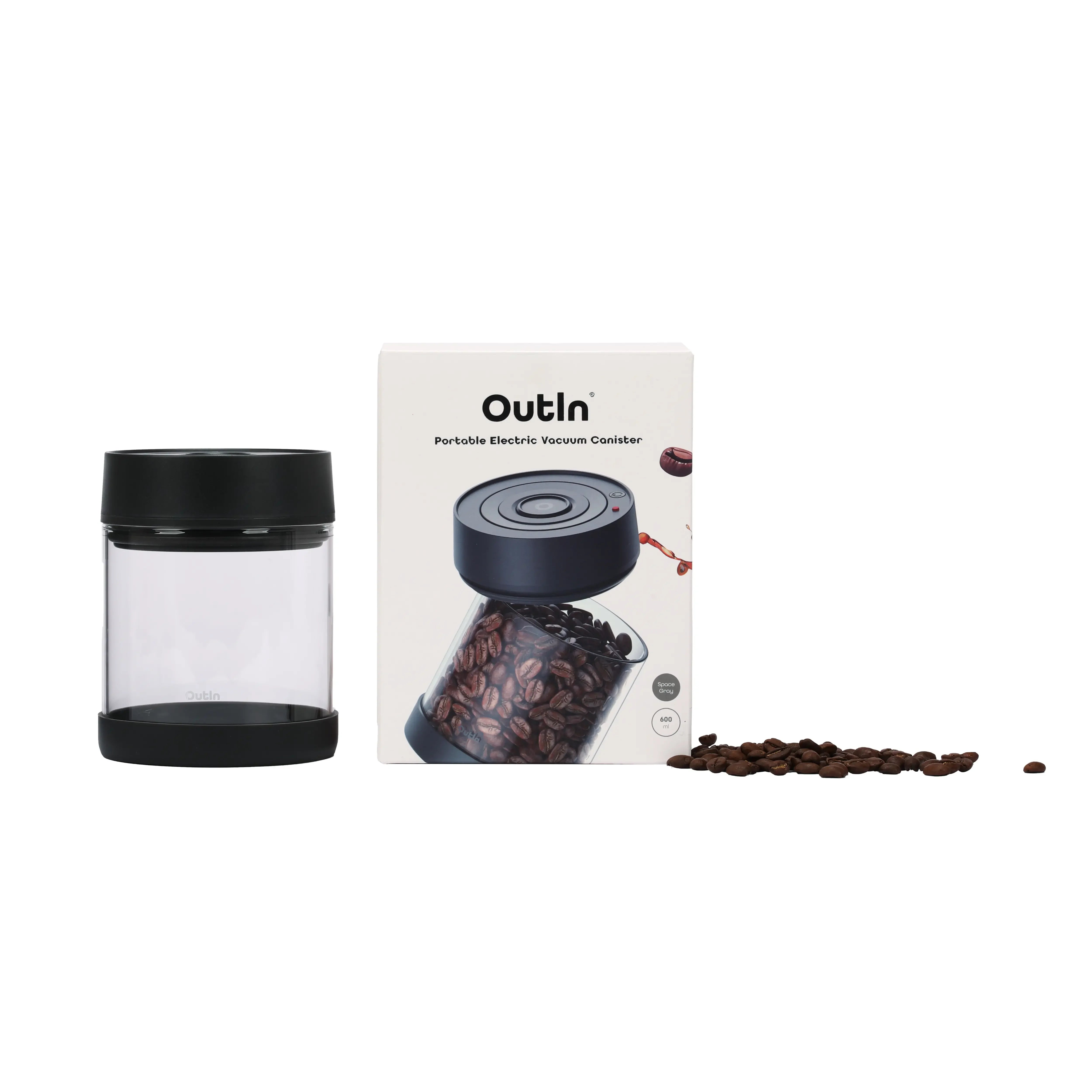 OutIn portable electric vacuum coffee canister with glass body, its product box, and scattered coffee beans.