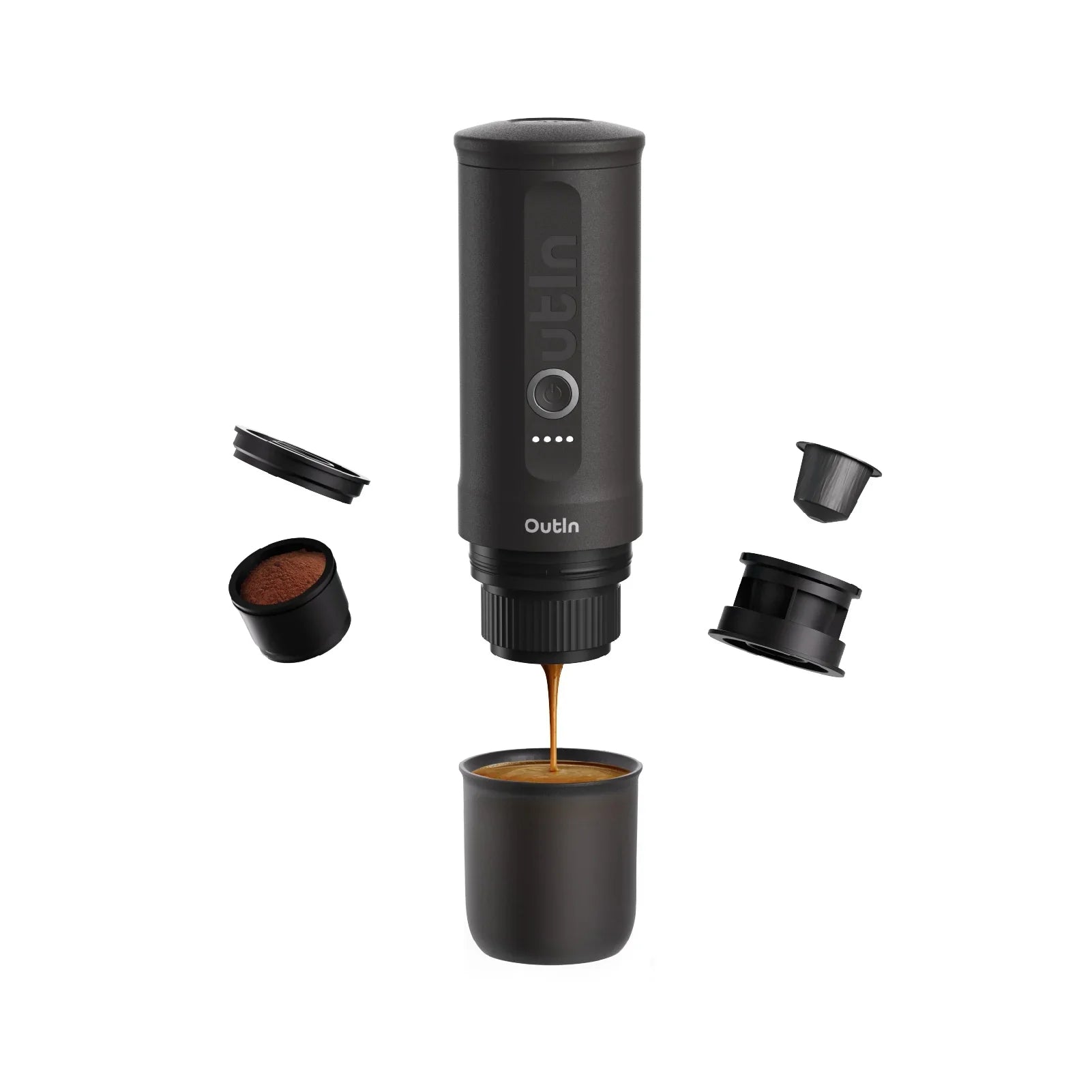 Nano Portable Espresso Machine in Space Grey brewing espresso into a cup, with components shown.