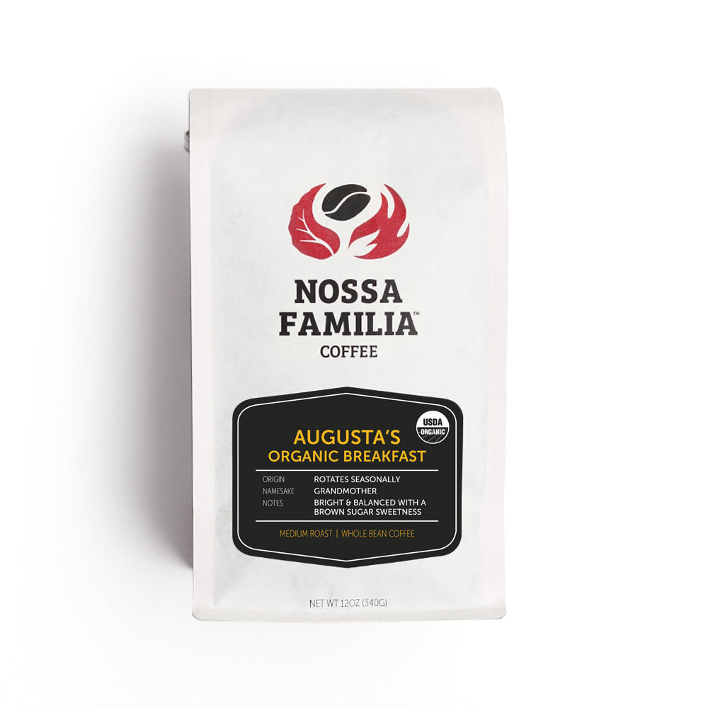 Nossa Familia Augusta's Organic Breakfast medium roast whole bean coffee bag.