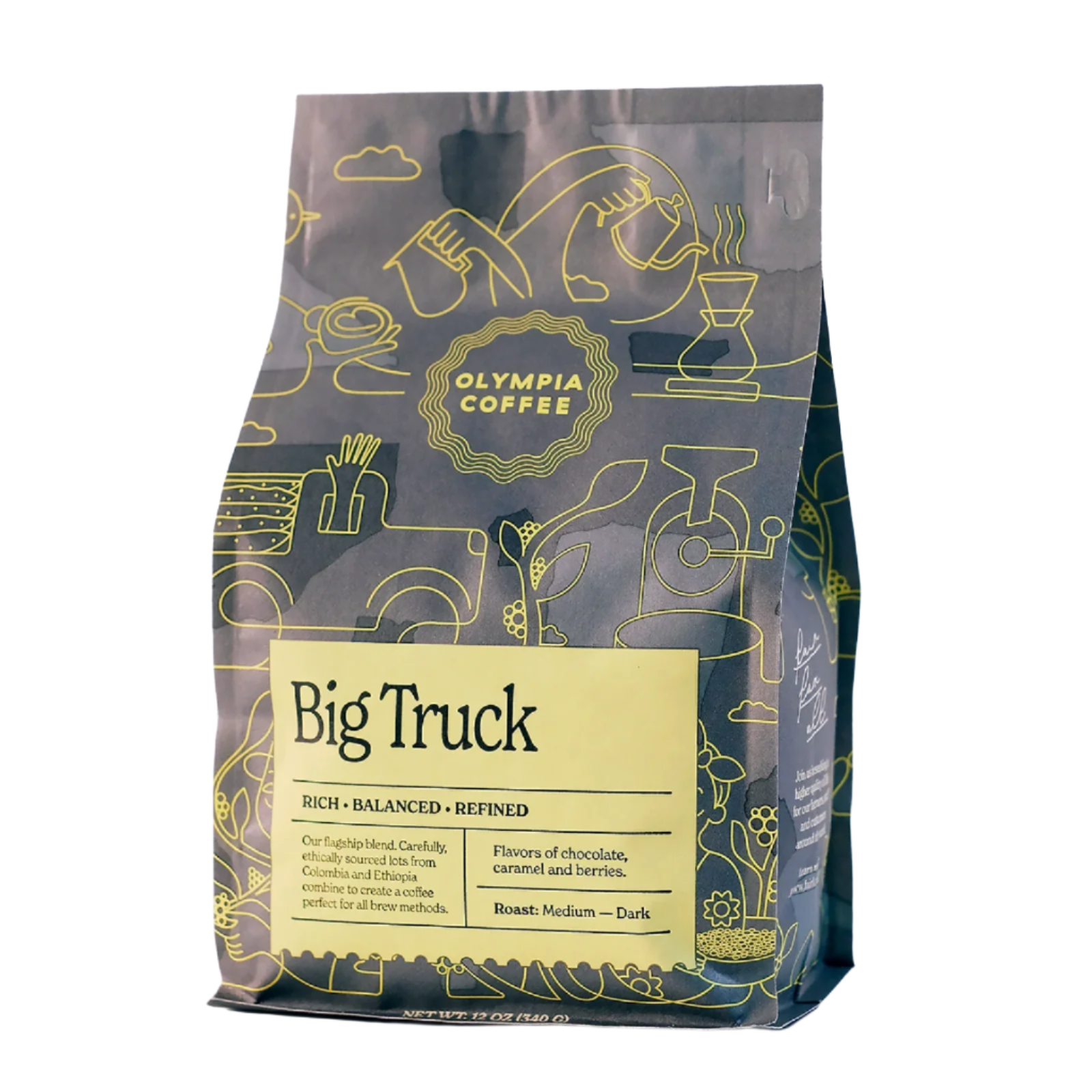 Olympia Coffee Big Truck blend bag featuring "Big Truck" title, chocolate-caramel-berry notes, and medium-dark roast.