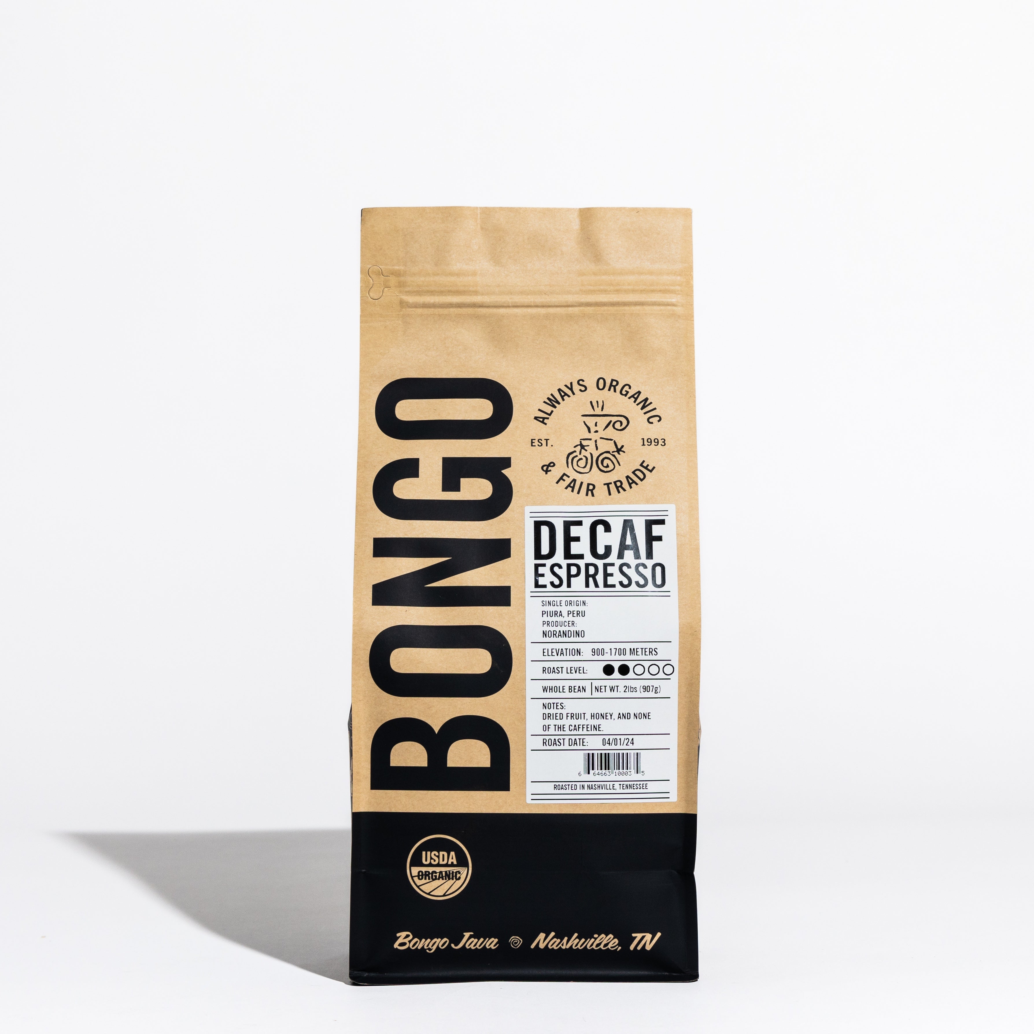 Bongo Java Decaf Espresso coffee bag, light roast, single origin Peru, notes of vanilla, cinnamon, brown sugar.