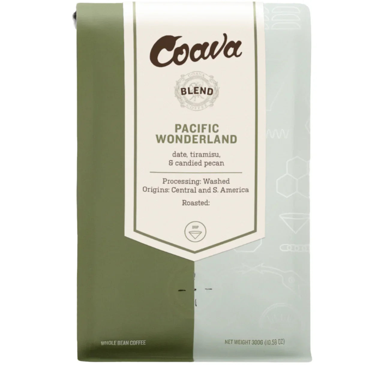Coava Pacific Wonderland whole bean coffee, green & off-white bag. Notes: date, tiramisu, candied pecan. Central/S. America.