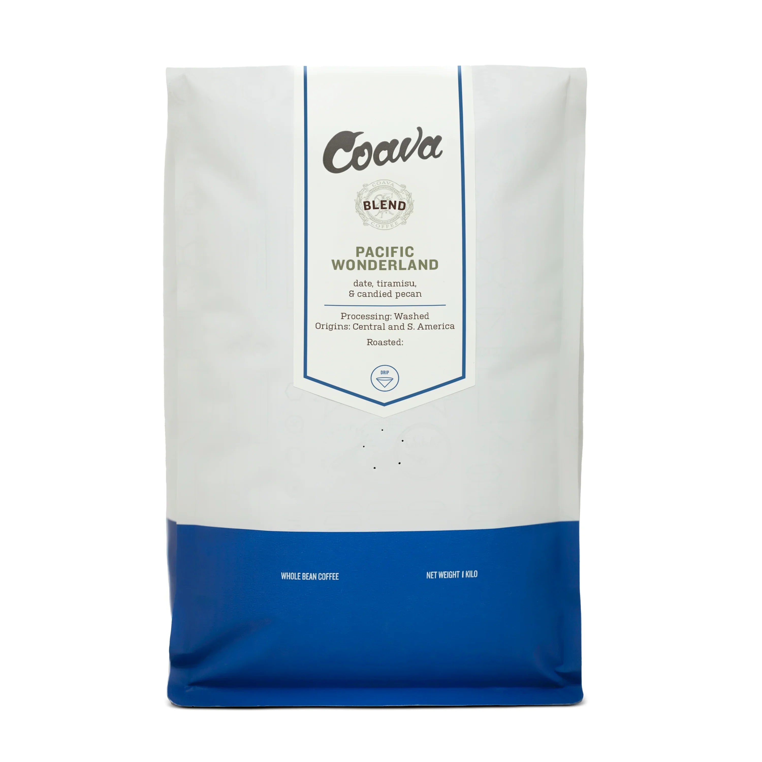 1kg bag of Coava Pacific Wonderland whole bean coffee with tasting notes of date, tiramisu, and candied pecan.