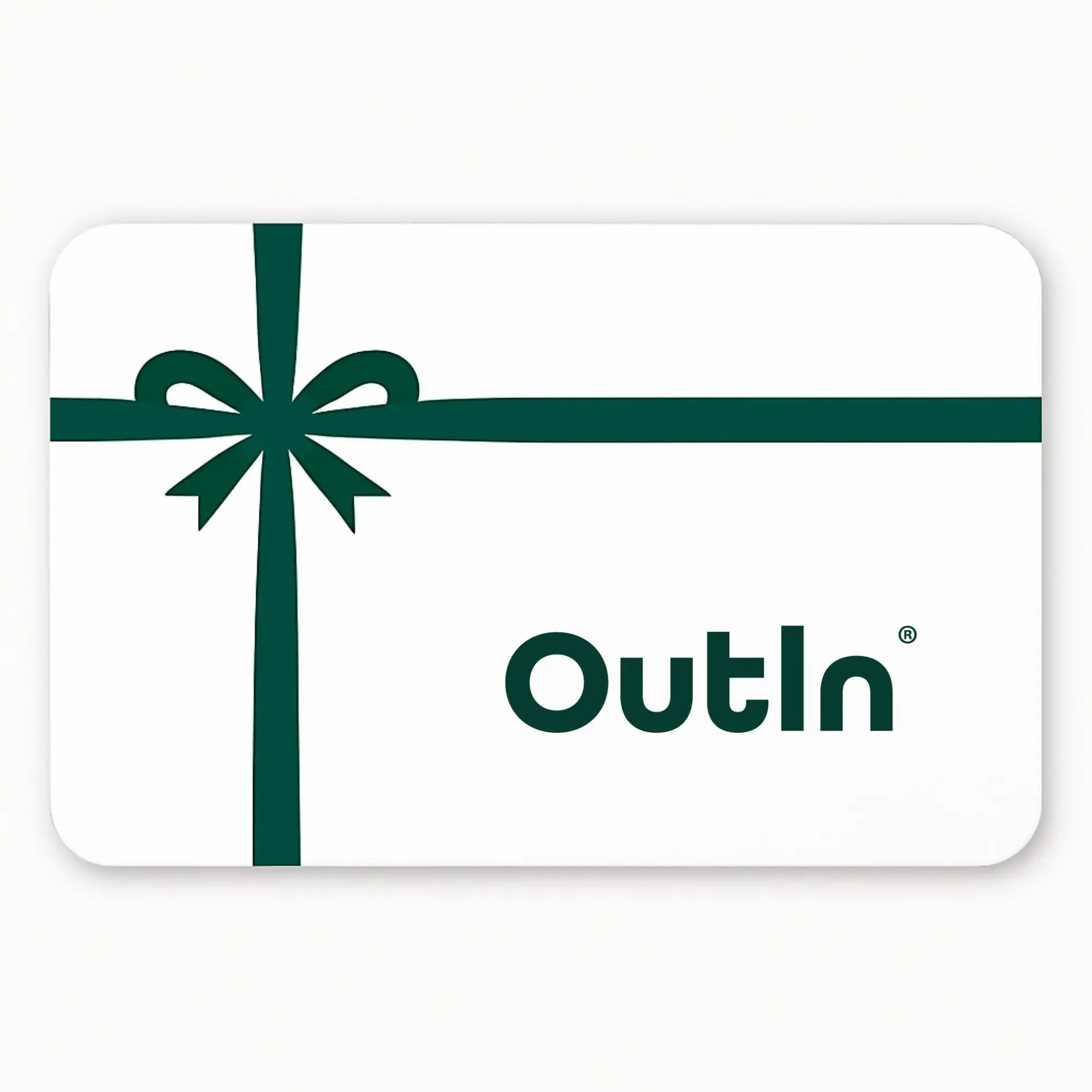 OutIn digital gift card with dark green ribbon and bow design, featuring OutIn logo for gifting coffee experiences.