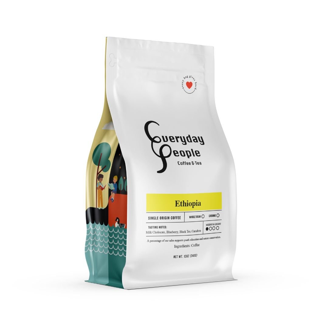 Everyday People Coffee & Tea Ethiopia Natural Single Origin coffee bag, medium-light roast, with milk chocolate and fruity notes.