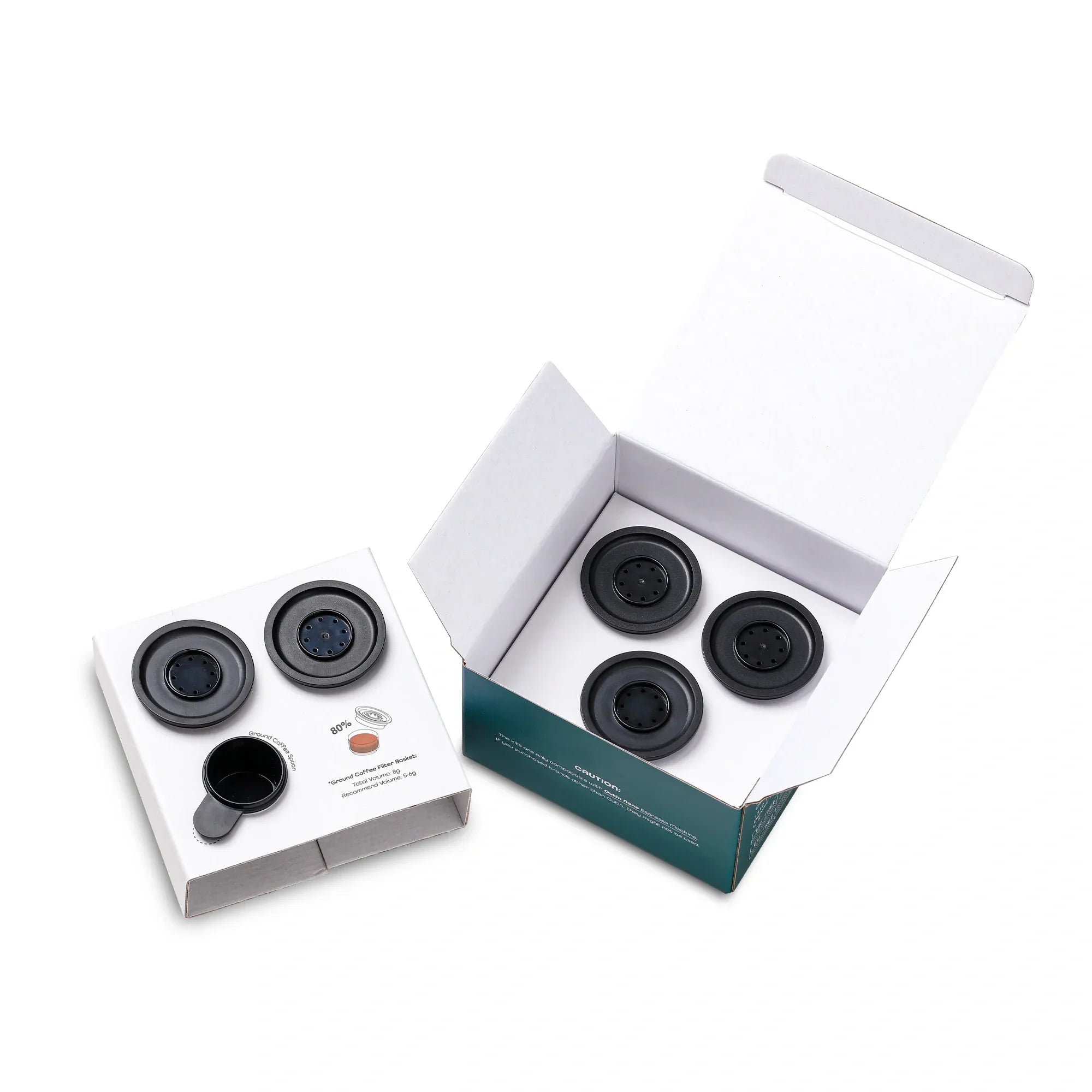 Nano Portable Espresso Machine filter baskets kit with 5 ground coffee filter baskets and 1 coffee spoon in packaging.