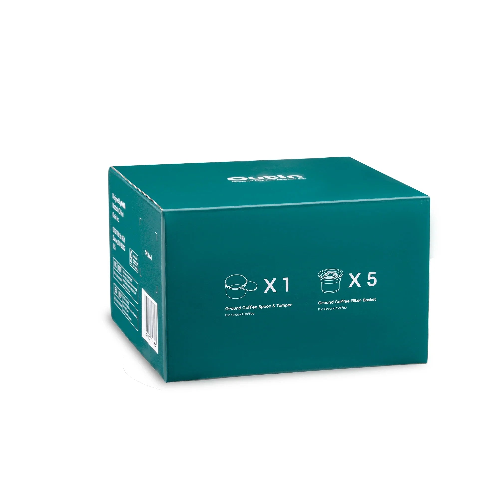 OutIn Nano Espresso kit packaging: 1 ground coffee spoon & tamper, 5 filter baskets for ground coffee.