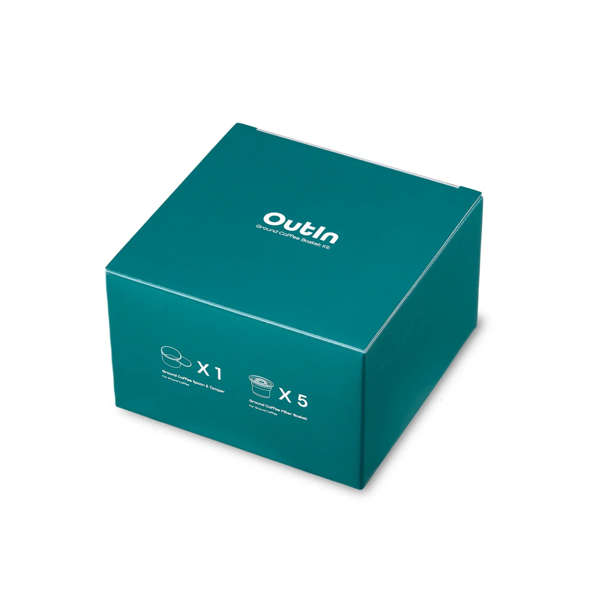 OutIn Nano Espresso Machine ground coffee kit packaging: 1 Ground Coffee Spoon & Tamper and 5 Ground Coffee Filter Baskets.