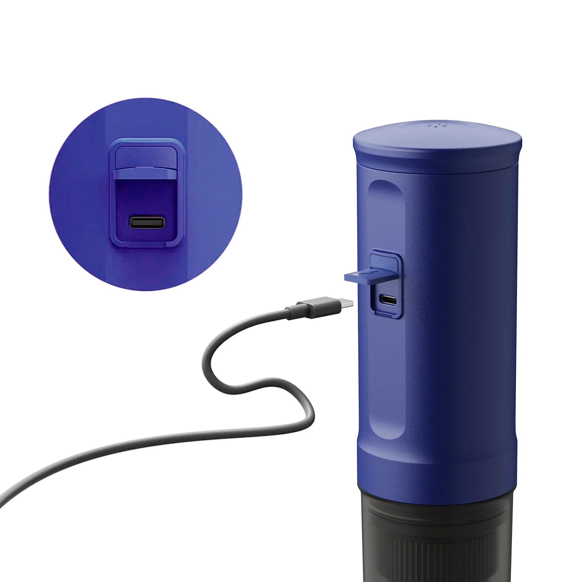 Ocean blue Nano portable espresso machine charging via USB-C cable, highlighting universal charging capability.
