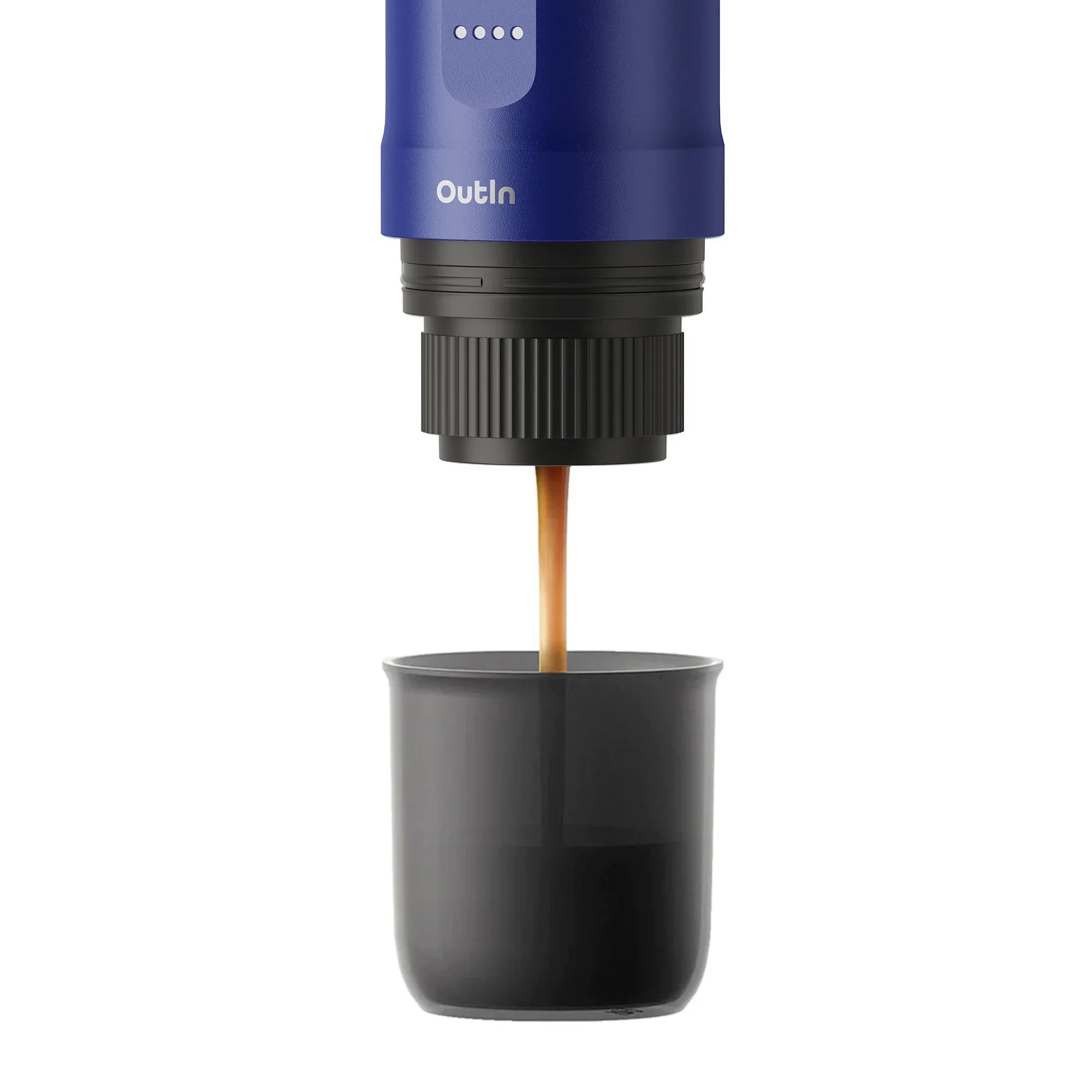 Ocean blue OutIn Nano portable espresso machine brewing fresh espresso into a dark grey cup, demonstrating brewing function.