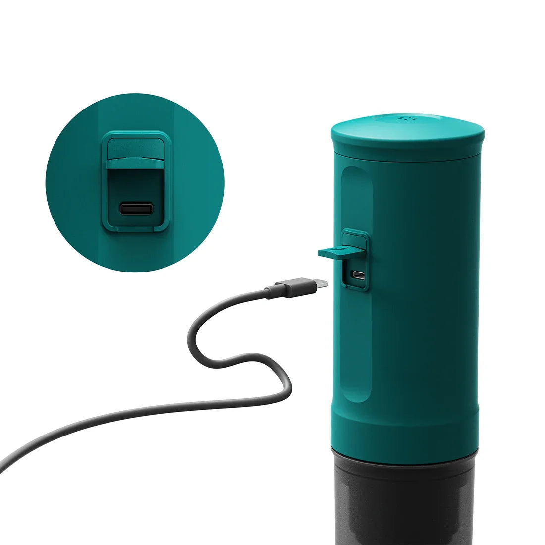 OutIn teal portable espresso machine USB-C charging port detail, illustrating easy charging.