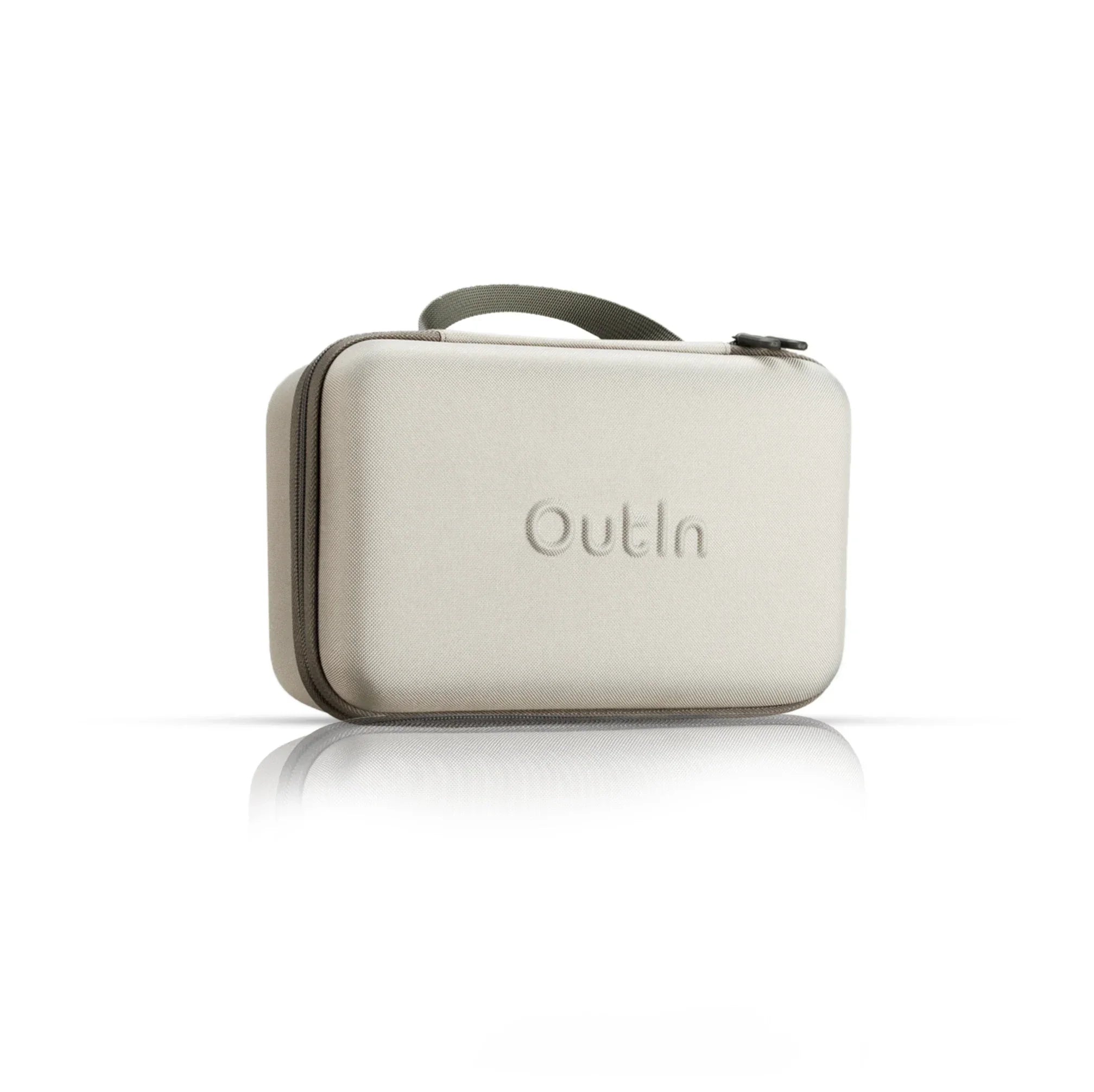 OutIn Nano protective case for espresso machine, beige EVA with green handle, shown on white.