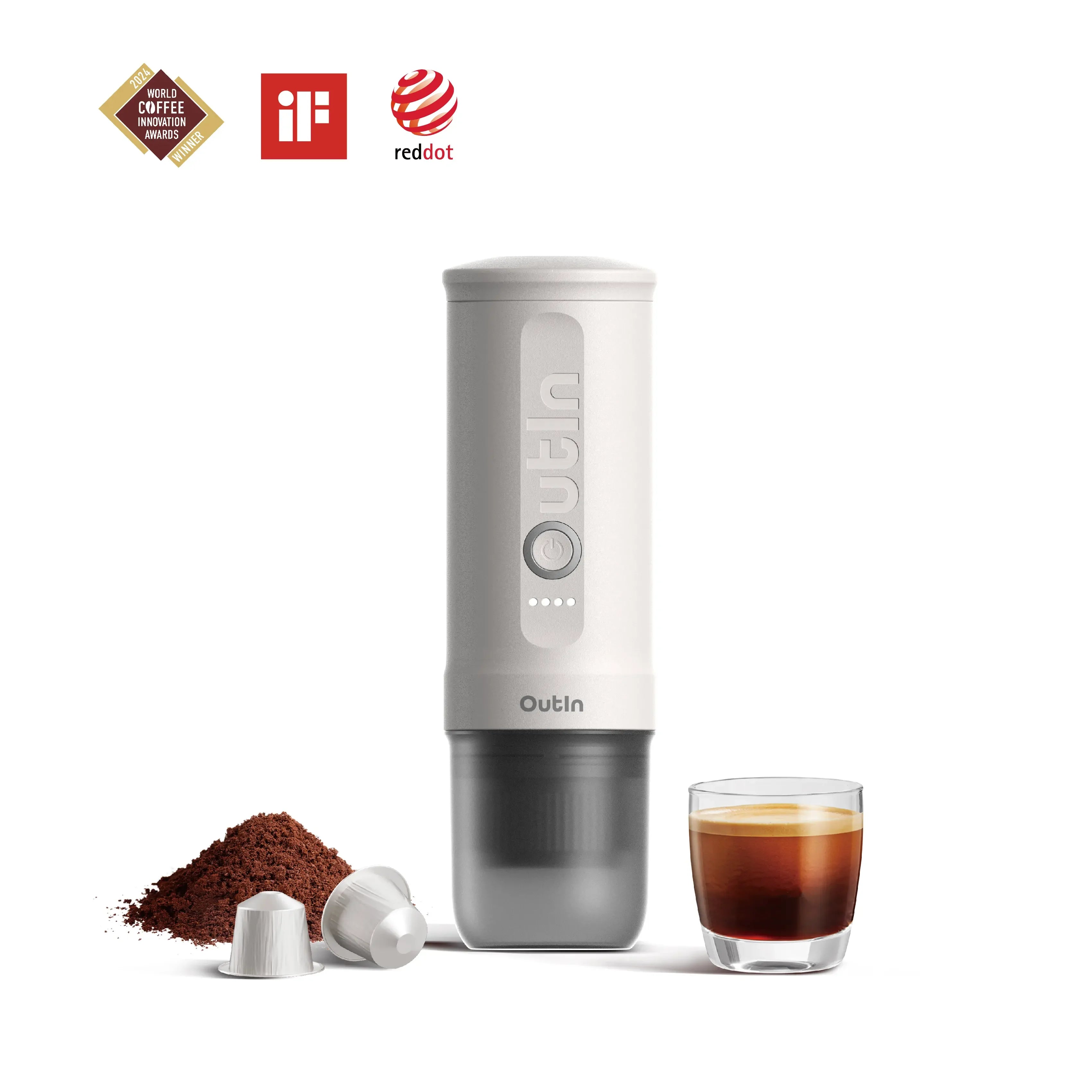 OutIn Nano Portable Espresso Machine in Pearl White, dual brewing w/ grounds & capsules. Espresso glass shown. Award logos.