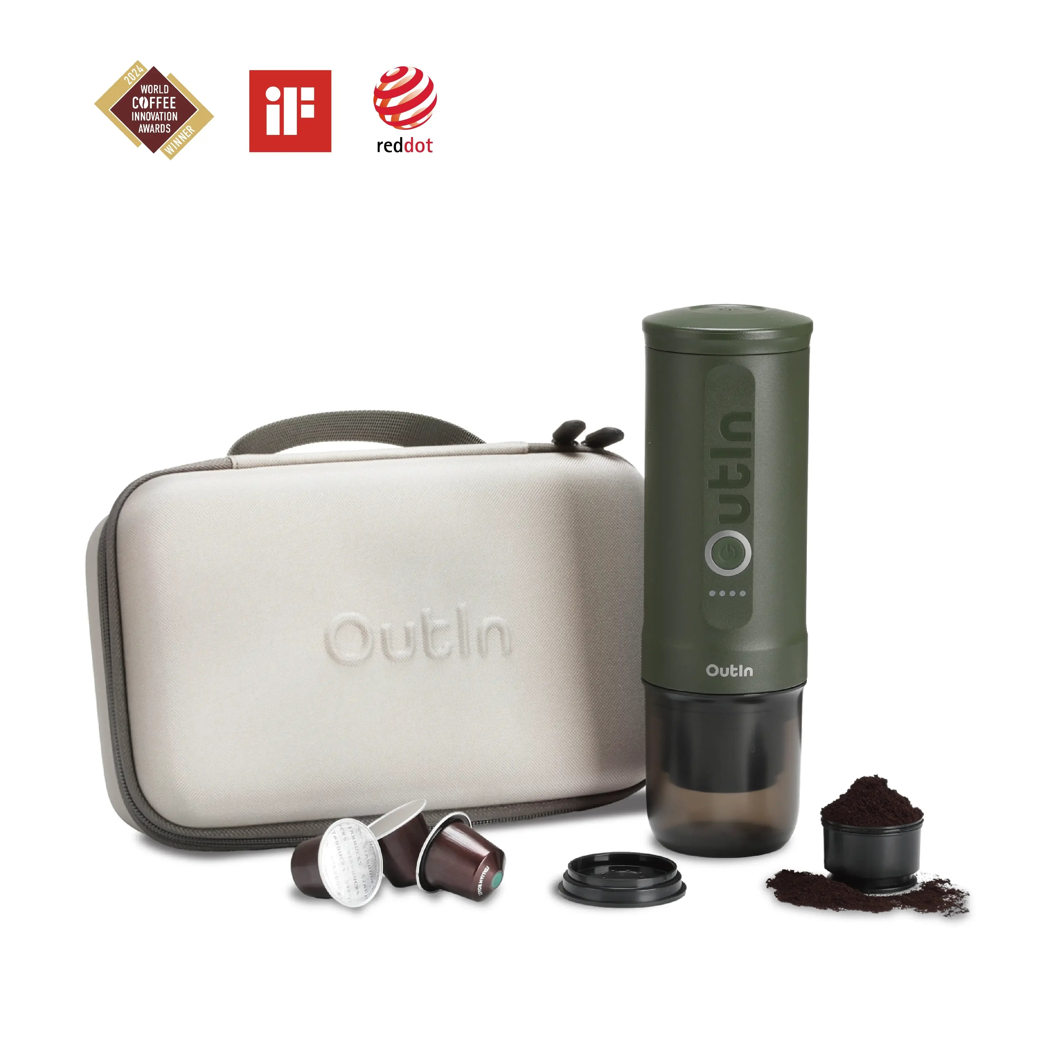 Forest green traveler espresso maker with protective case, coffee capsules, and ground coffee.