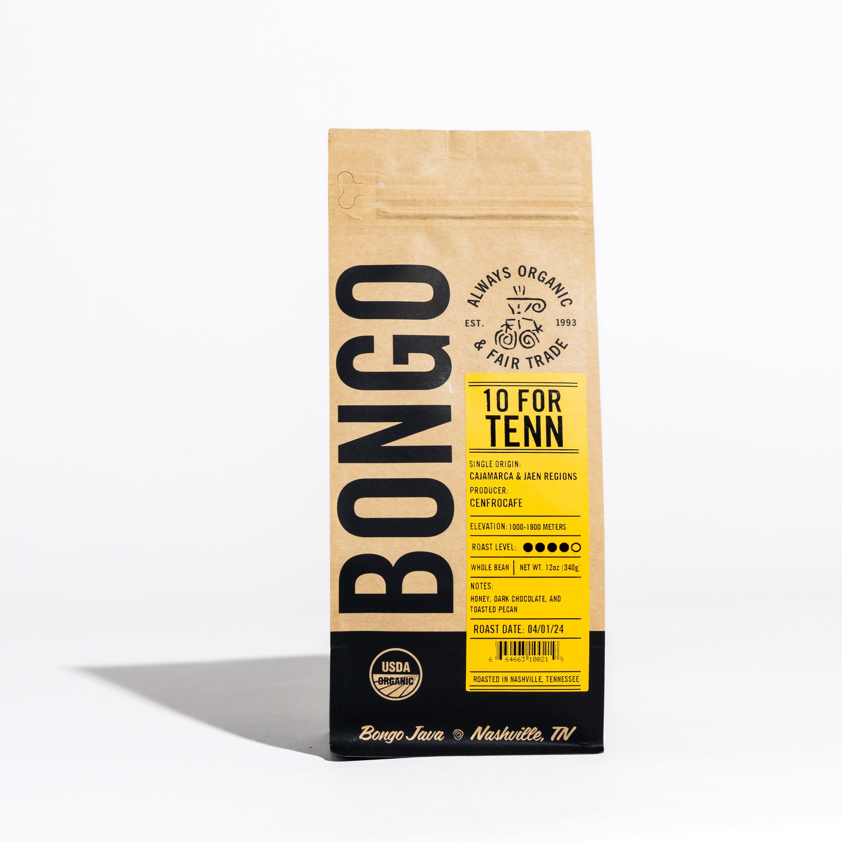 Bongo Java 10 FOR TENN dark roast organic coffee bag with honey, dark chocolate, and toasted pecan notes.