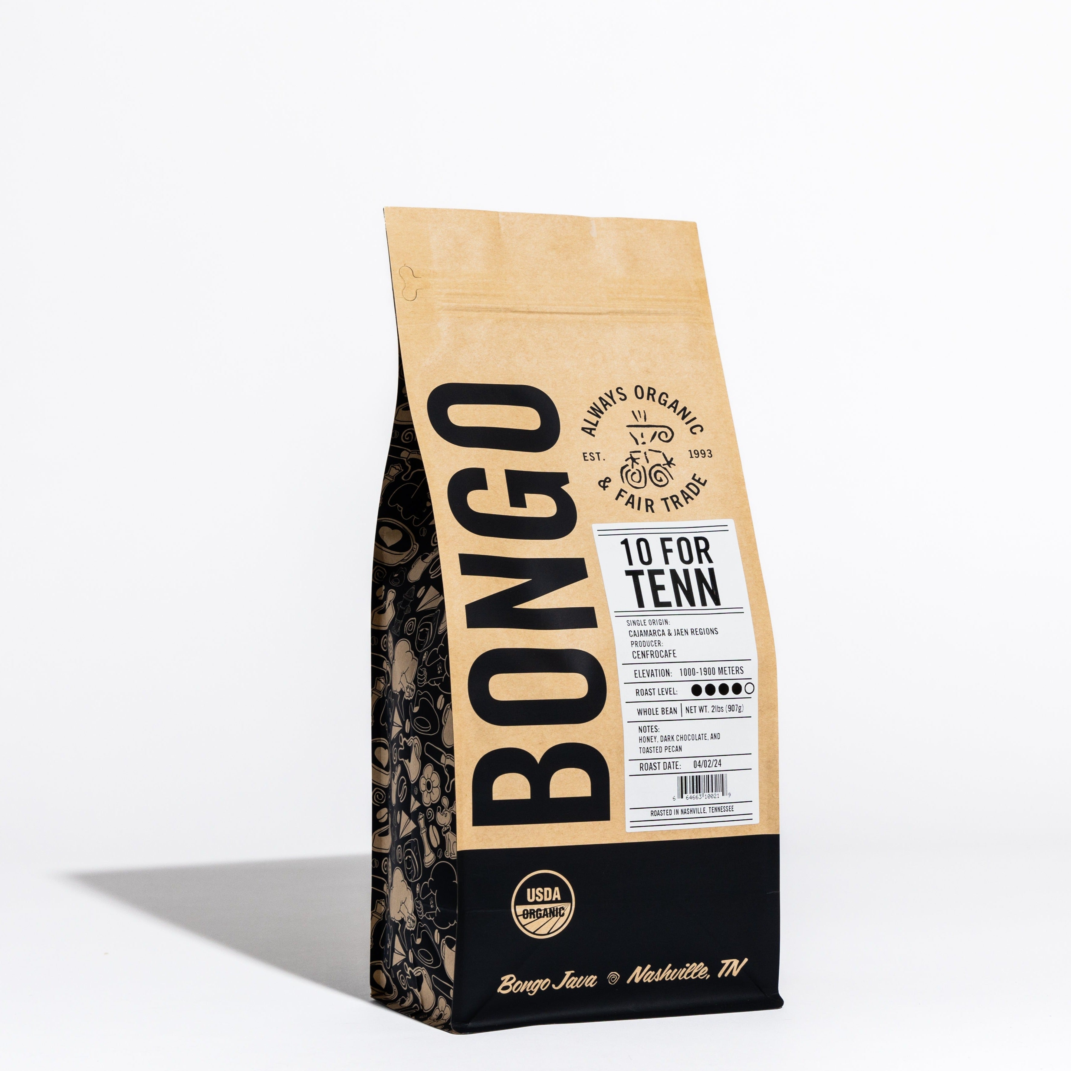 Bongo Java 10 FOR TENN dark roast organic coffee bag with honey, dark chocolate, and toasted pecan notes.