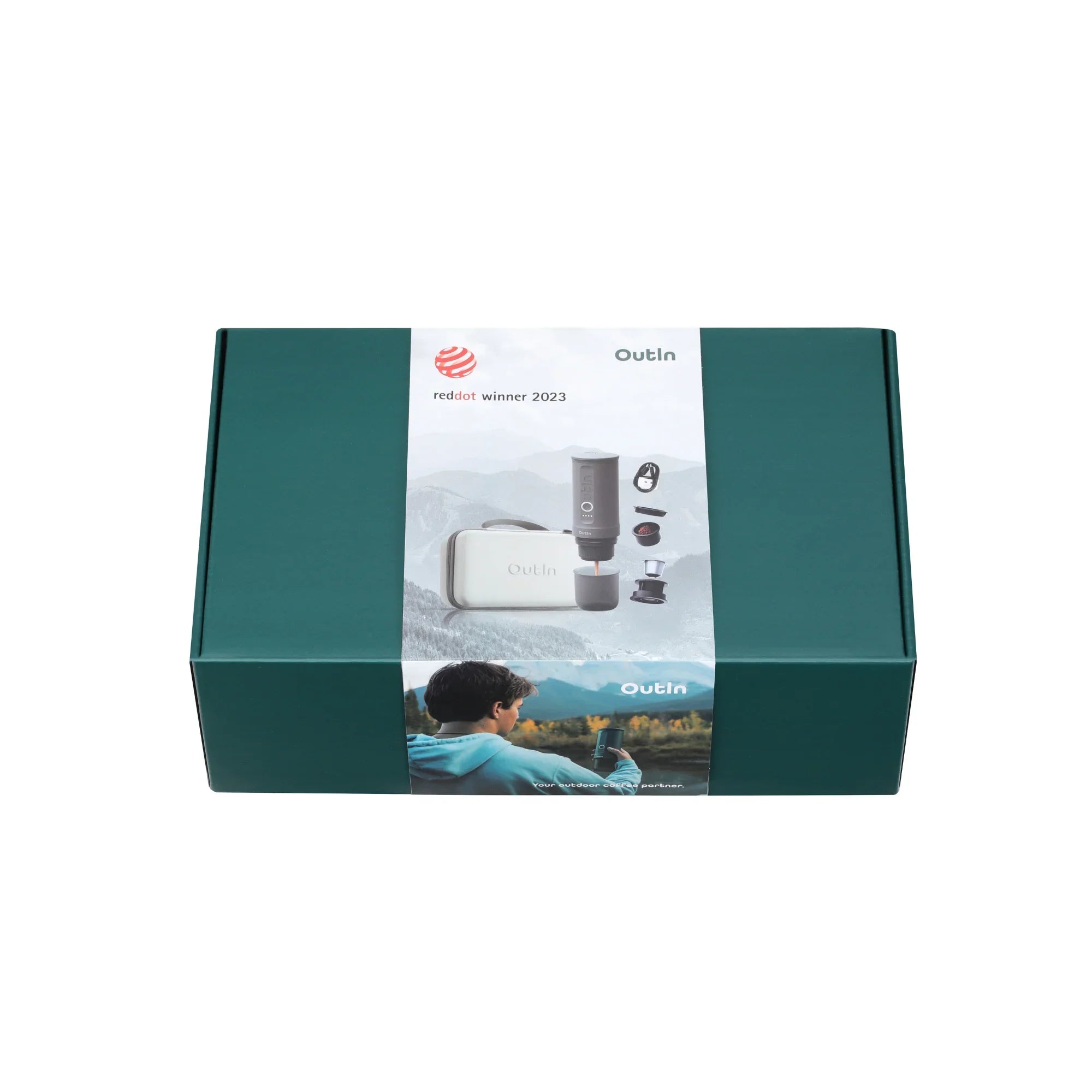 Space Grey OutIn Traveler Espresso Gift Set with Red Dot 2023 award on teal box, shows outdoor portability.