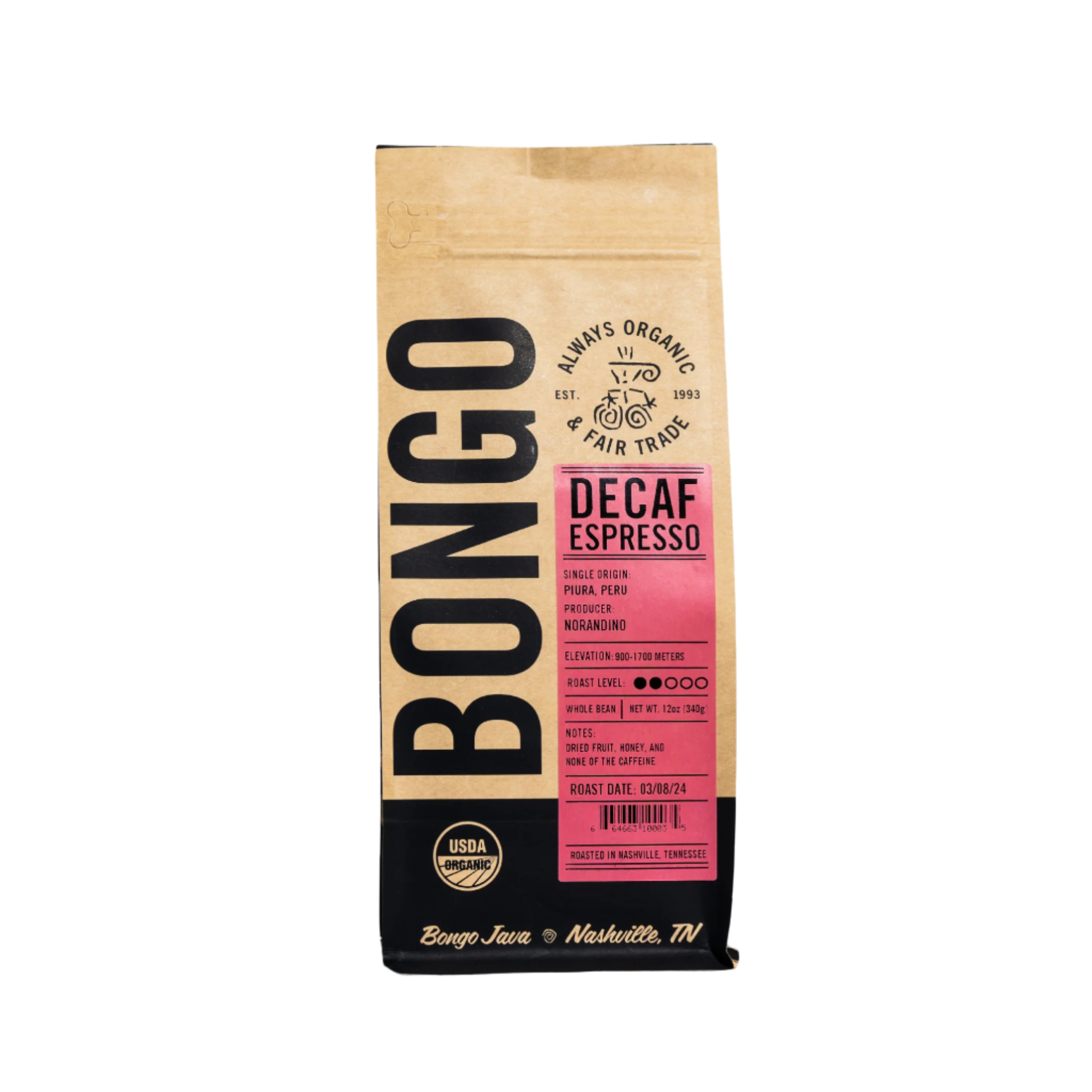 Coop Coffees, Carbon Climate Coffee, Fairtrade, and USDA Organic certification logos for Bongo Java Decaf Espresso.