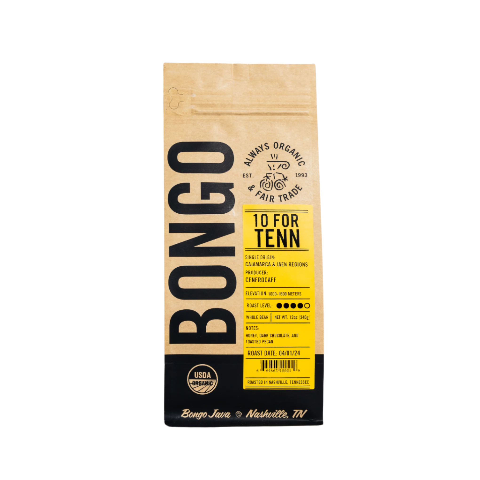 10 FOR TENN dark organic coffee bag with taste notes of honey, dark chocolate, and toasted pecan.