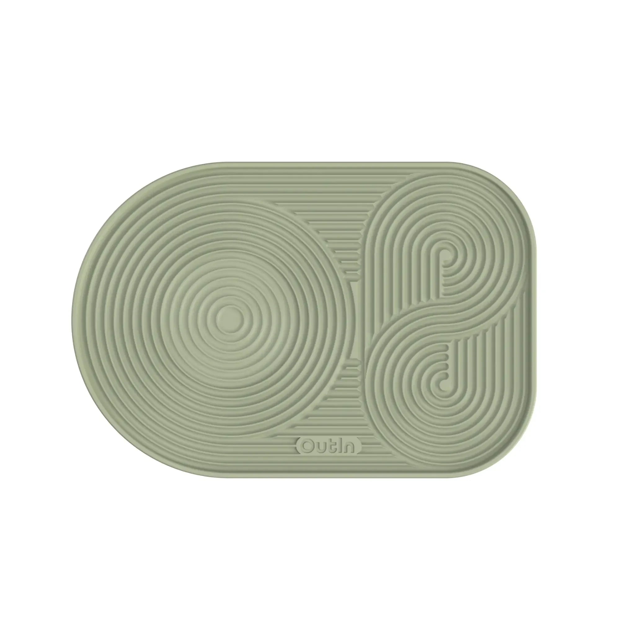 OutIn light sage green silicone coffee mat with embossed geometric design and water drainage pattern.