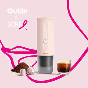 Rose Quartz Nano portable espresso machine with coffee grounds, capsules, and espresso shot. OutIn X BCRF collaboration.