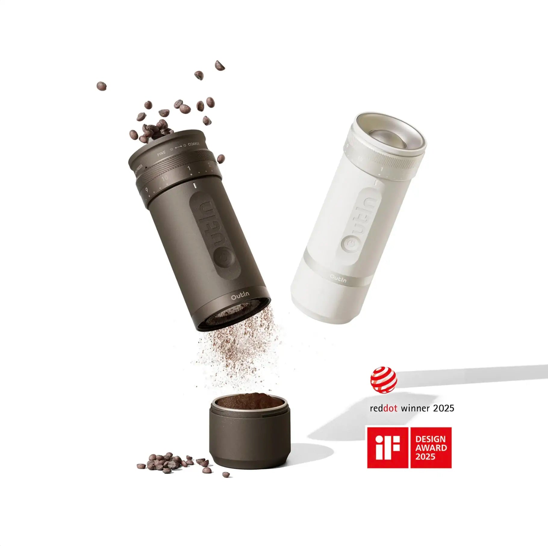 OutIn Fino portable electric coffee grinder in grey and white, dispensing grounds. Award-winning design.