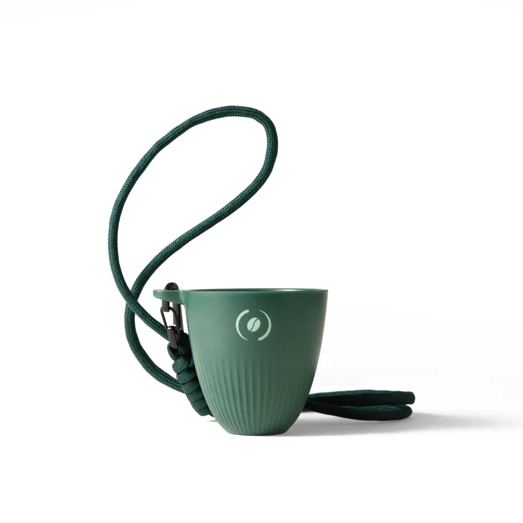 OutIn Rebrew dark green ribbed espresso cup with lanyard, featuring coffee bean logo, on white background.