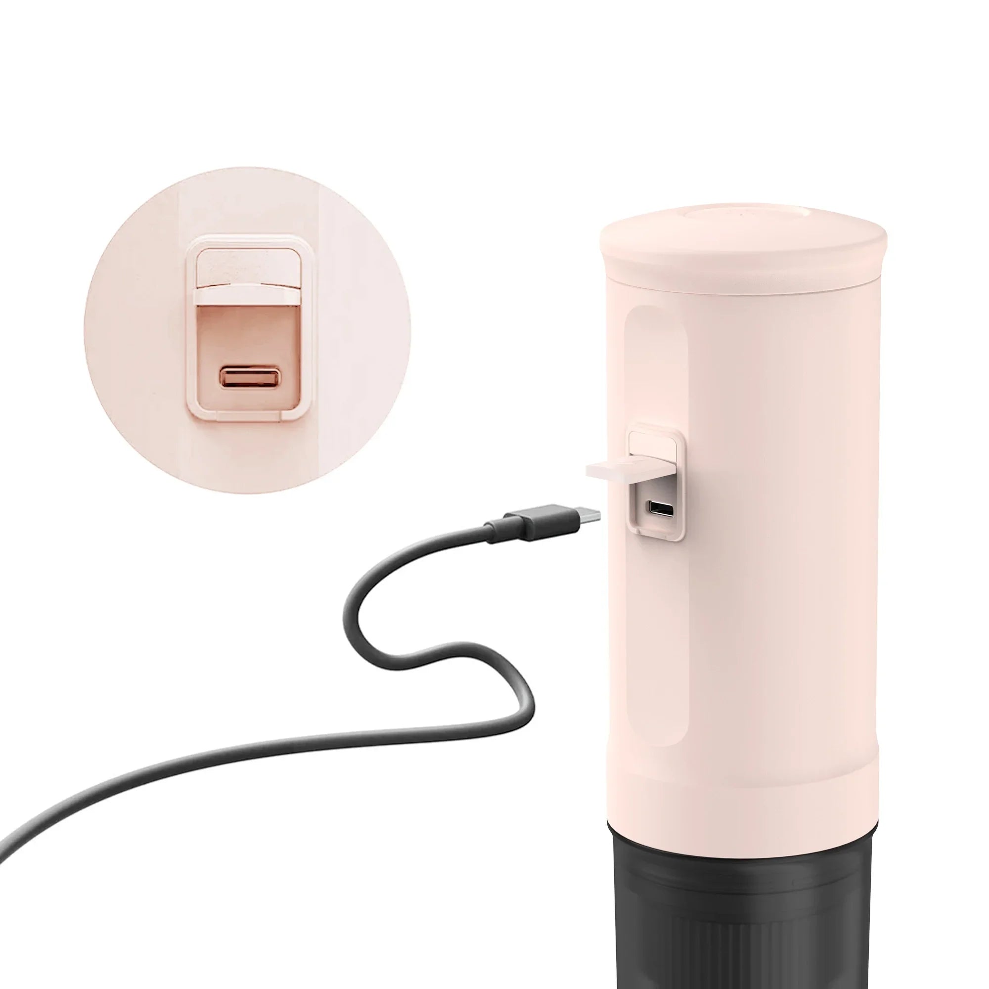 Rose Quartz Nano portable espresso machine showing USB-C charging port and cable, highlighting universal charging feature.