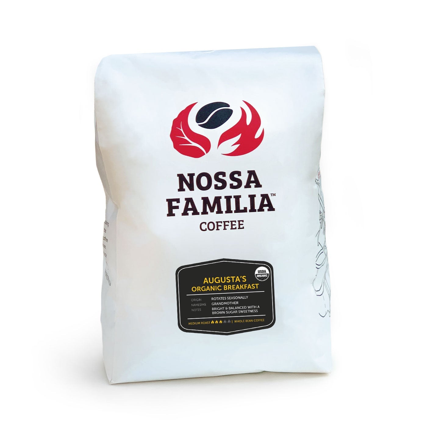 Nossa Familia Augusta's Organic Breakfast medium roast whole bean coffee bag with USDA Organic seal and tasting notes.
