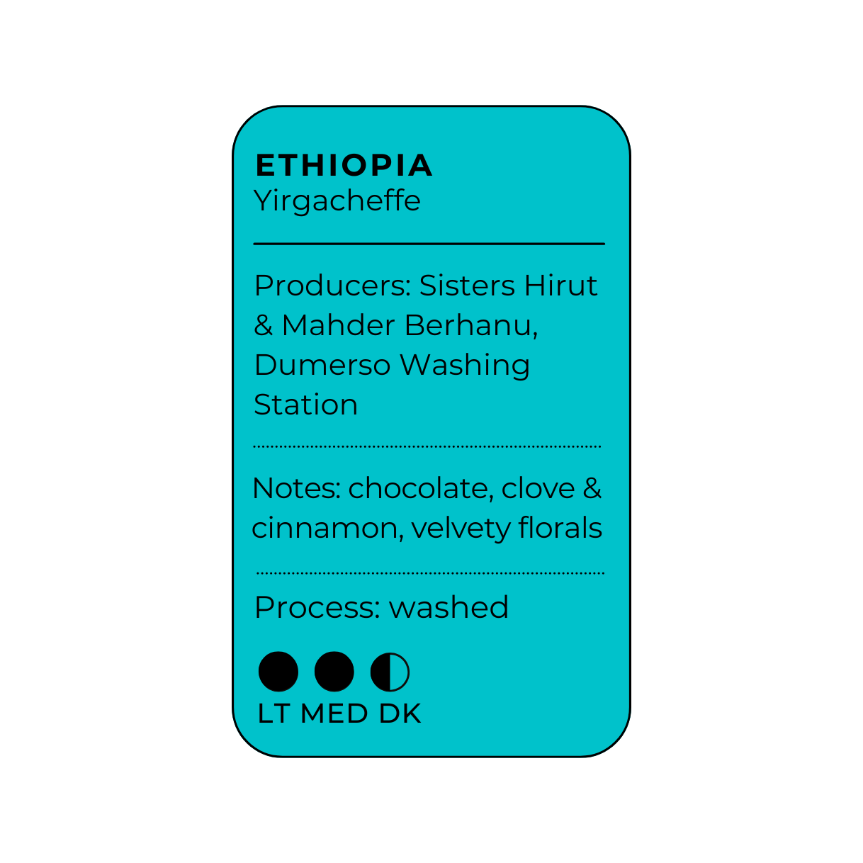 Ethiopia Yirgacheffe coffee label. Notes of chocolate, clove, cinnamon, velvety florals. Washed process, medium-dark roast.