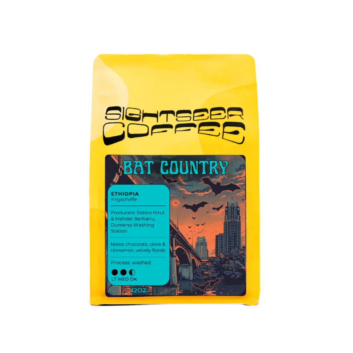 Sightseer Coffee Bat Country Ethiopia Yirgacheffe bag. Notes: chocolate, clove, cinnamon, floral. 12oz.