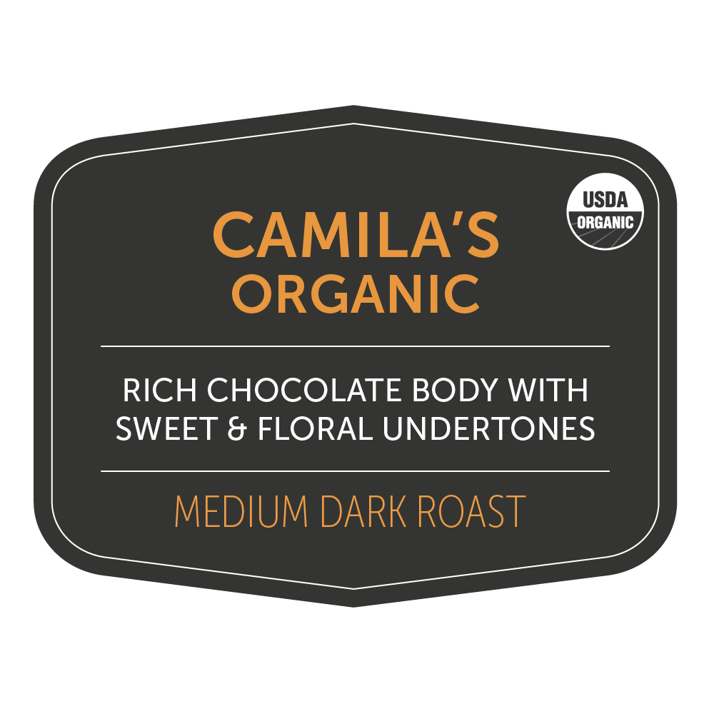 Camila's Organic coffee label showcasing medium-dark roast with chocolate and floral undertones. USDA Organic seal visible.