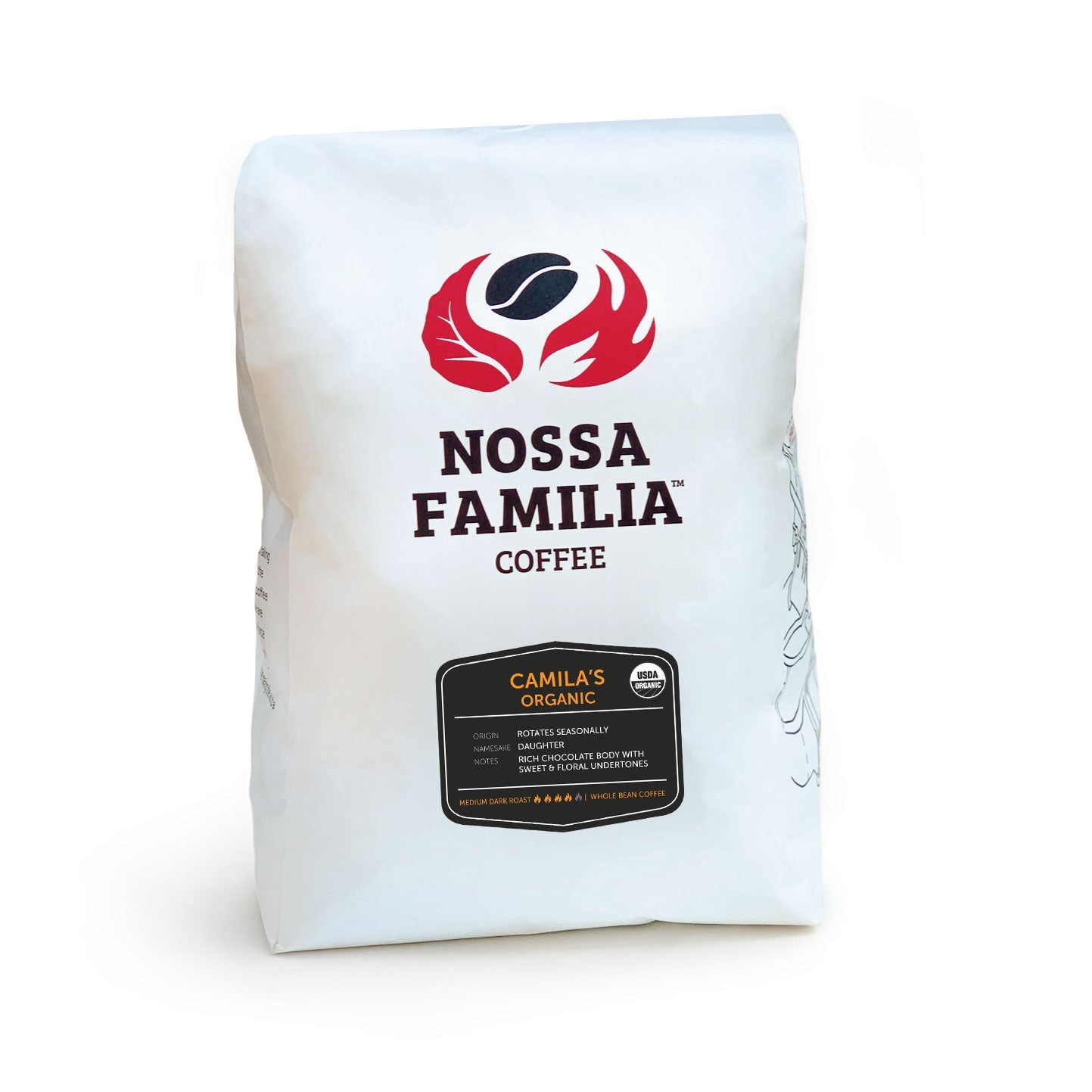 Nossa Familia Camila's Organic medium-dark roast whole bean coffee bag, chocolate and floral notes.