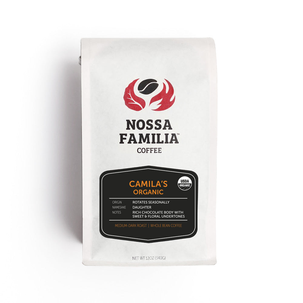 Nossa Familia Camila's Organic medium-dark roast whole bean coffee bag with chocolate and floral notes.