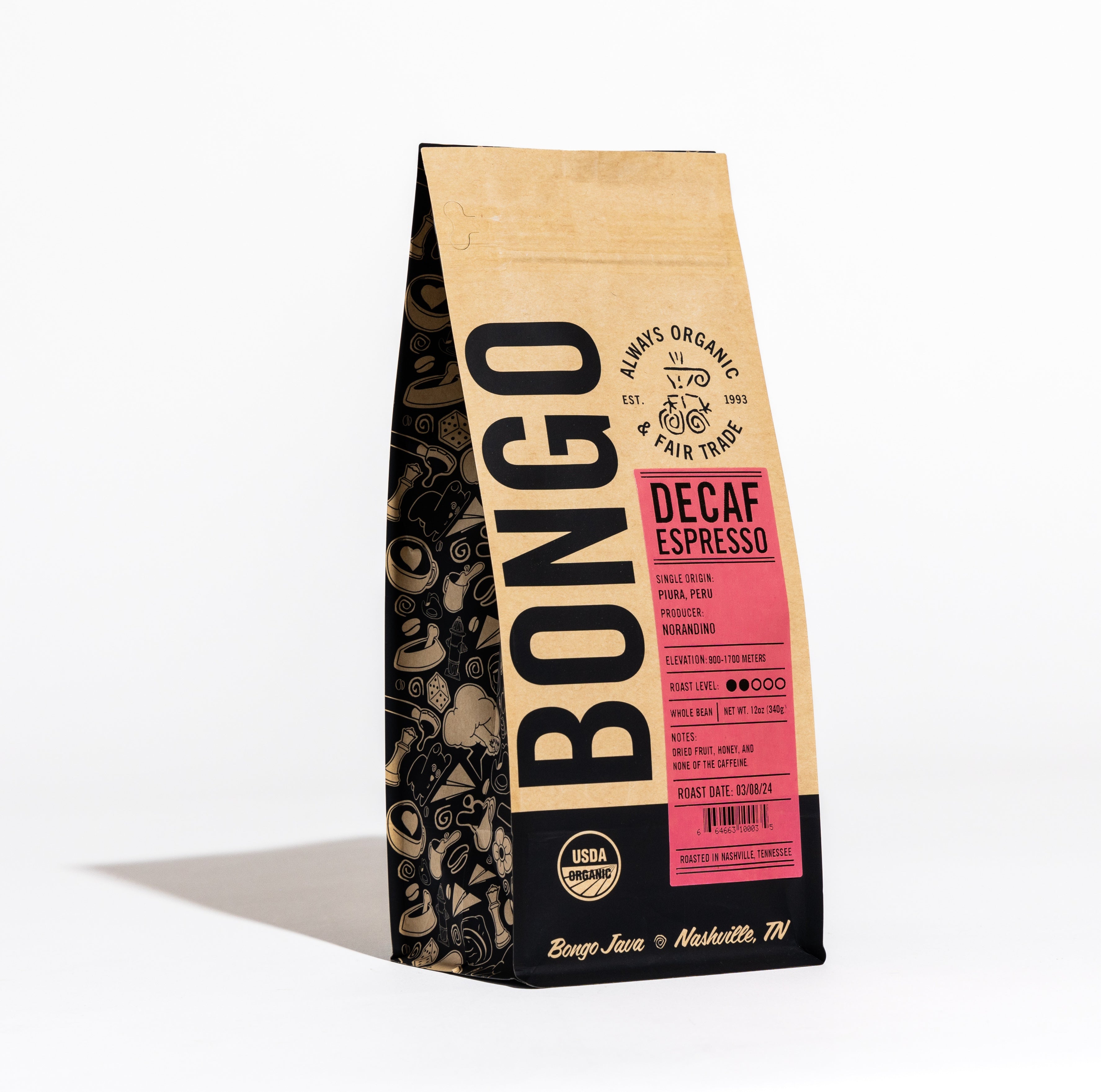 Bongo Decaf Espresso coffee bag, light roast, single origin, taste notes of vanilla, cinnamon, and brown sugar.