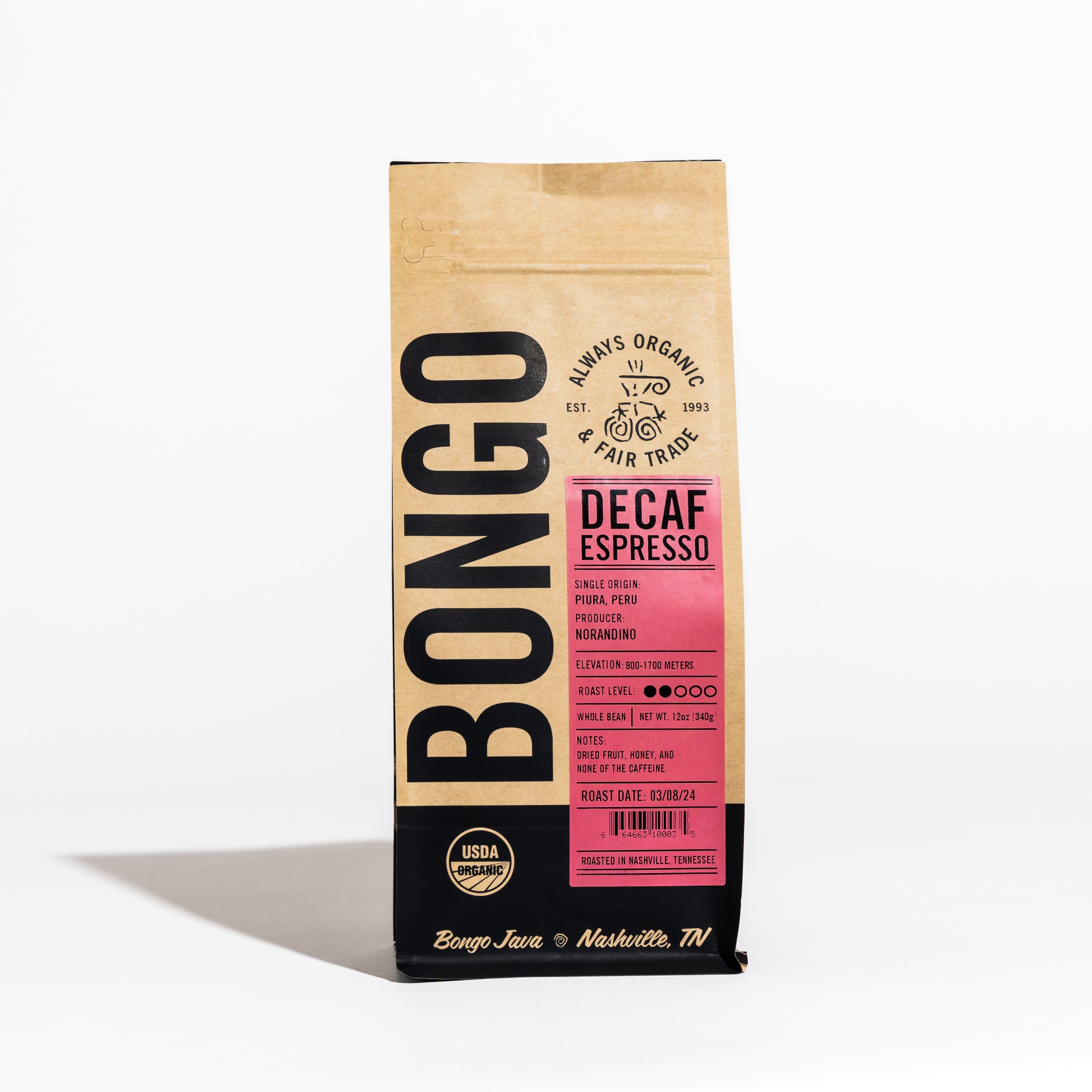 Bongo Java Decaf Espresso coffee bag, light roast, single origin Peru, notes of vanilla, cinnamon, brown sugar.
