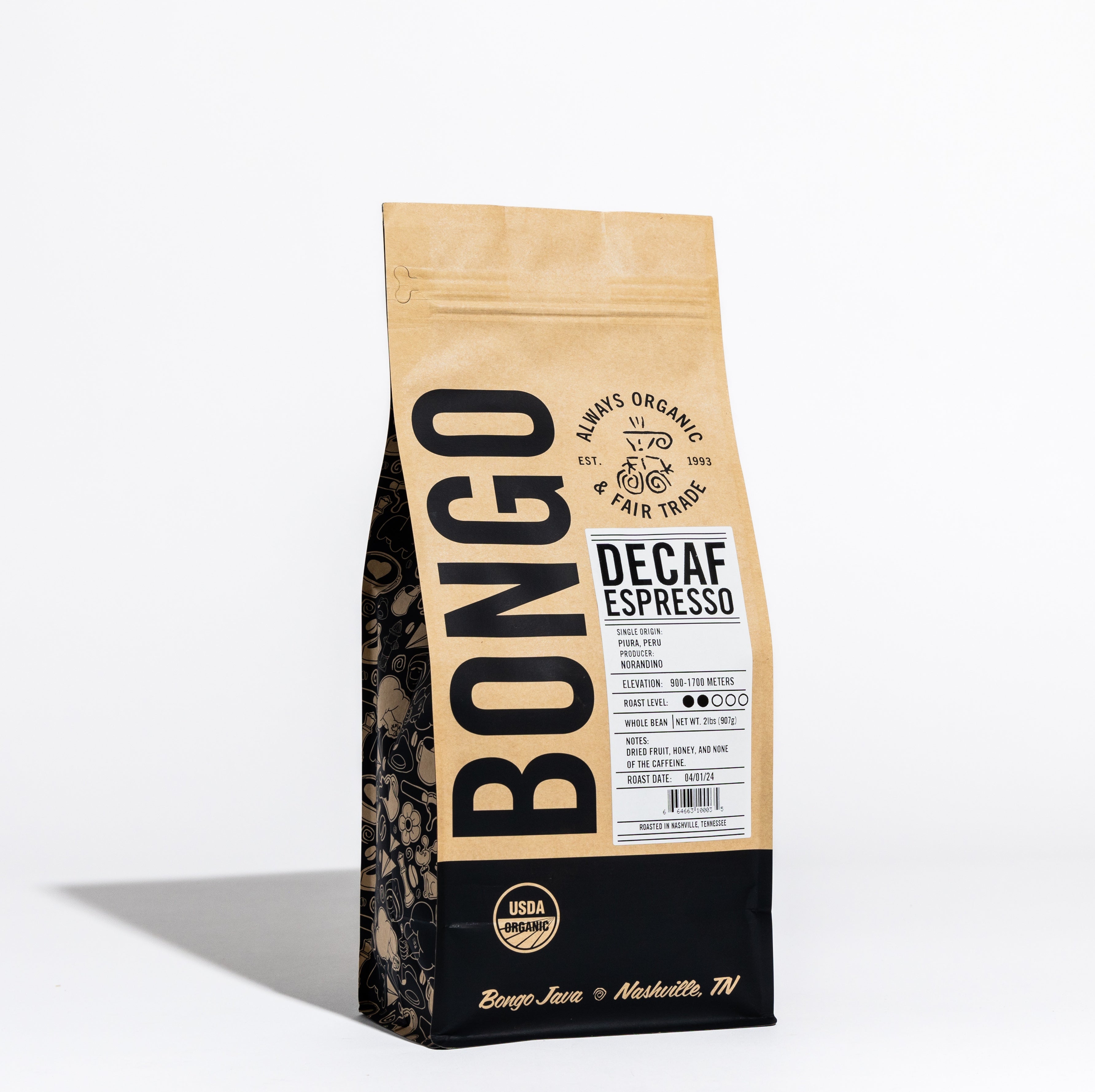 Bongo Decaf Espresso light roast coffee bag, single origin Peru, vanilla, cinnamon, brown sugar notes. Organic, Fair Trade.