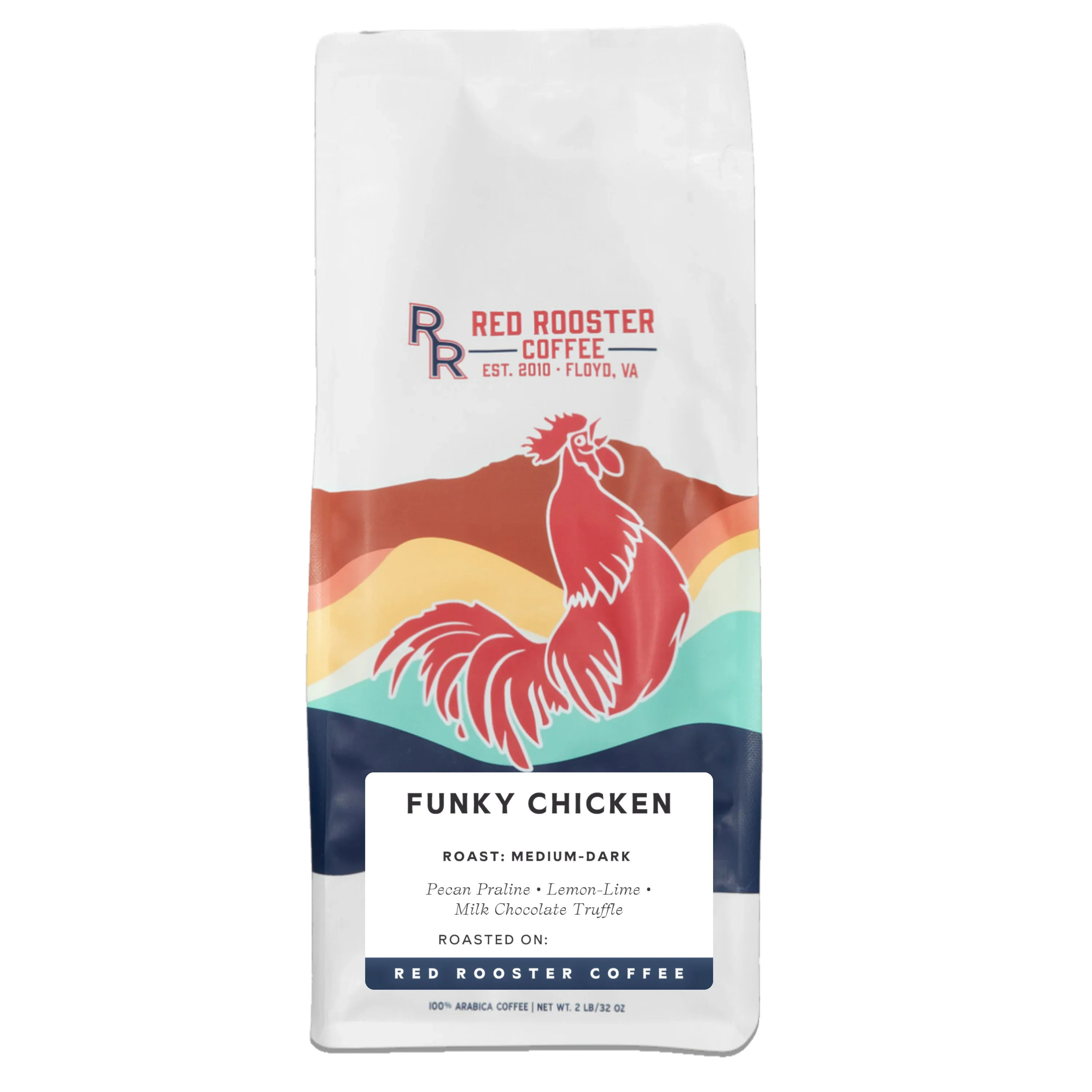 Red Rooster Coffee Funky Chicken bag: medium-dark roast, pecan praline, lemon-lime, milk chocolate truffle flavors.