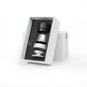 Nano Portable Espresso Machine Basket Plus accessory set in white box: black cap, stainless steel basket, tamper, spring.